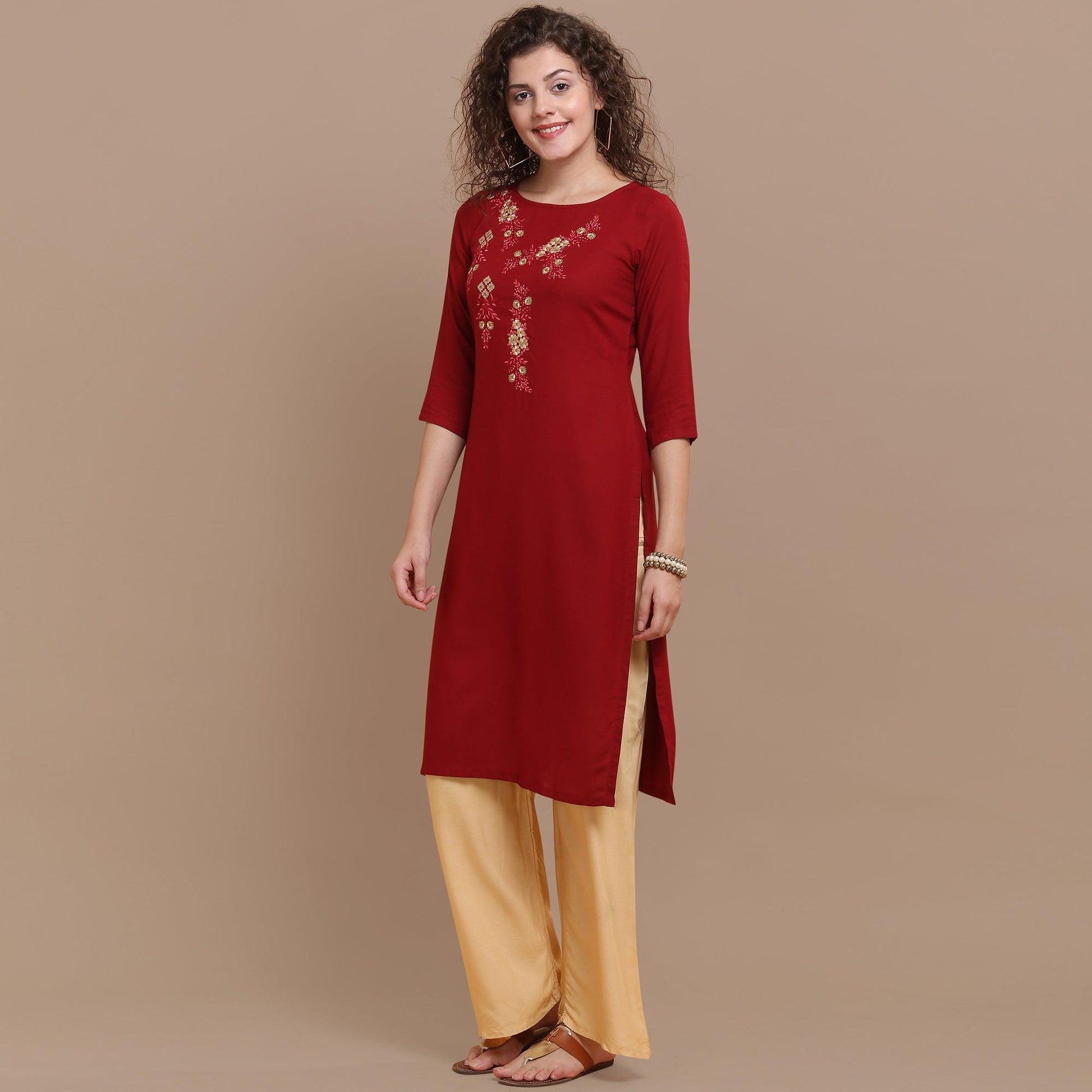 Classy Maroon Colored Partywear Floral Embroidered Rayon Kurti