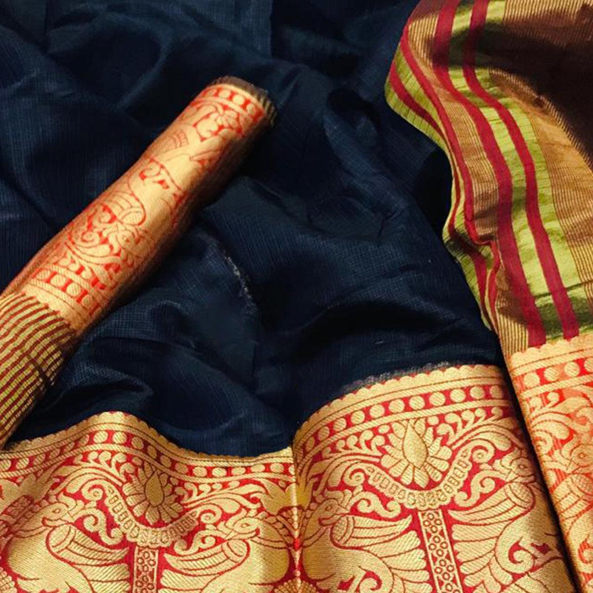 Classy Navy Blue Colored Festive Wear Woven Silk Saree