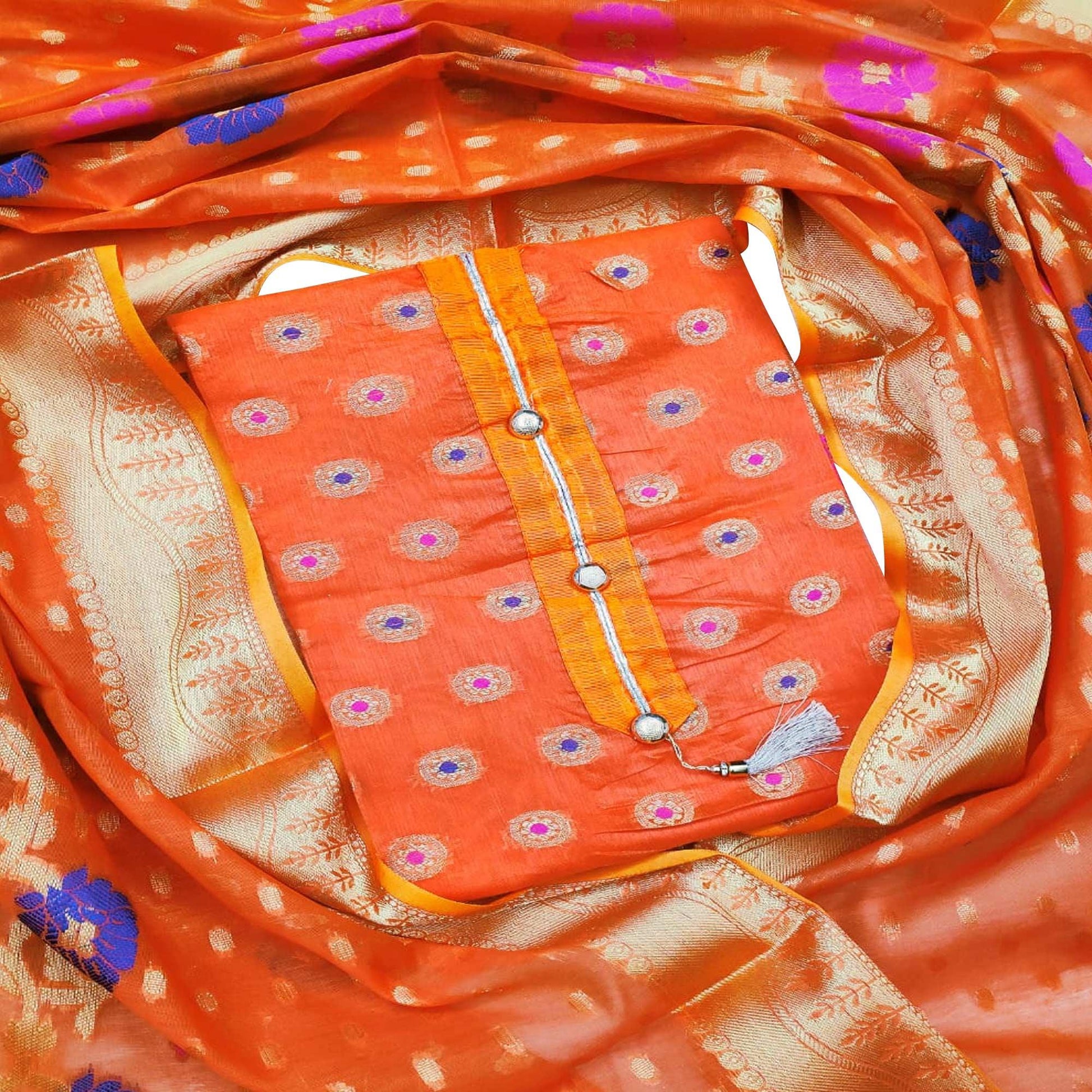 Classy Orange Colored Festive Wear Woven Banarasi Silk Dress Material