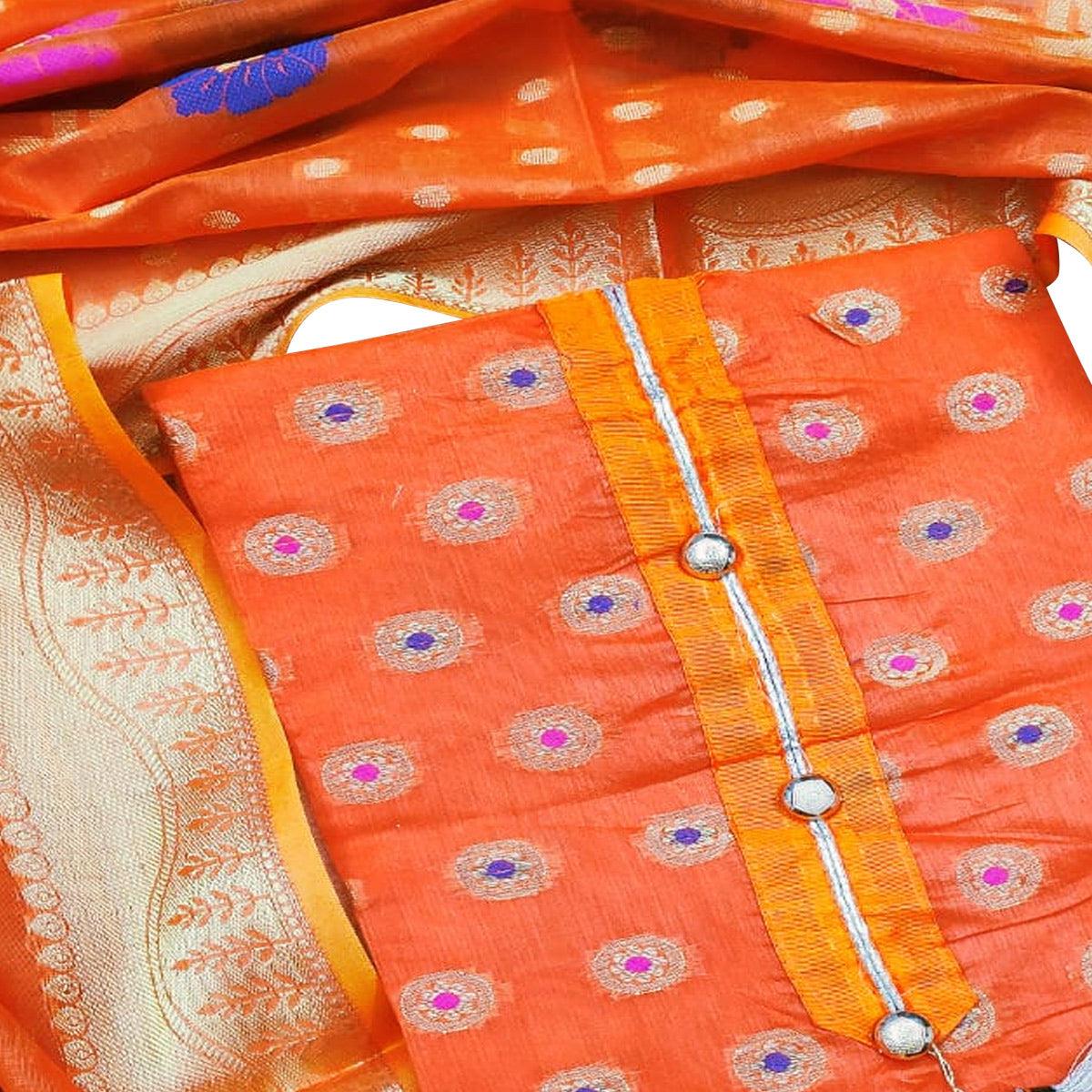 Classy Orange Colored Festive Wear Woven Banarasi Silk Dress Material