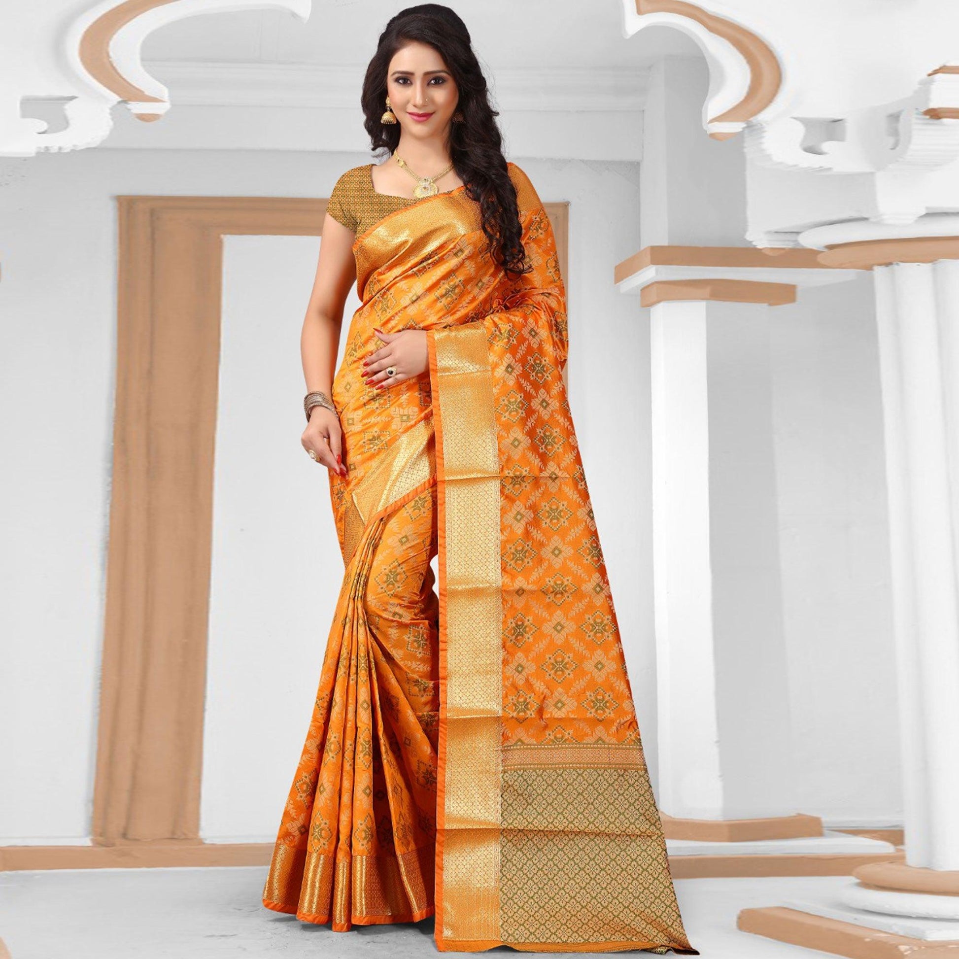 Classy Orange Colored Festive Wear Woven Banarasi Silk Saree