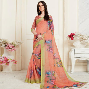Classy Peach Colored Casual Butterfly Digital Printed Linen Saree