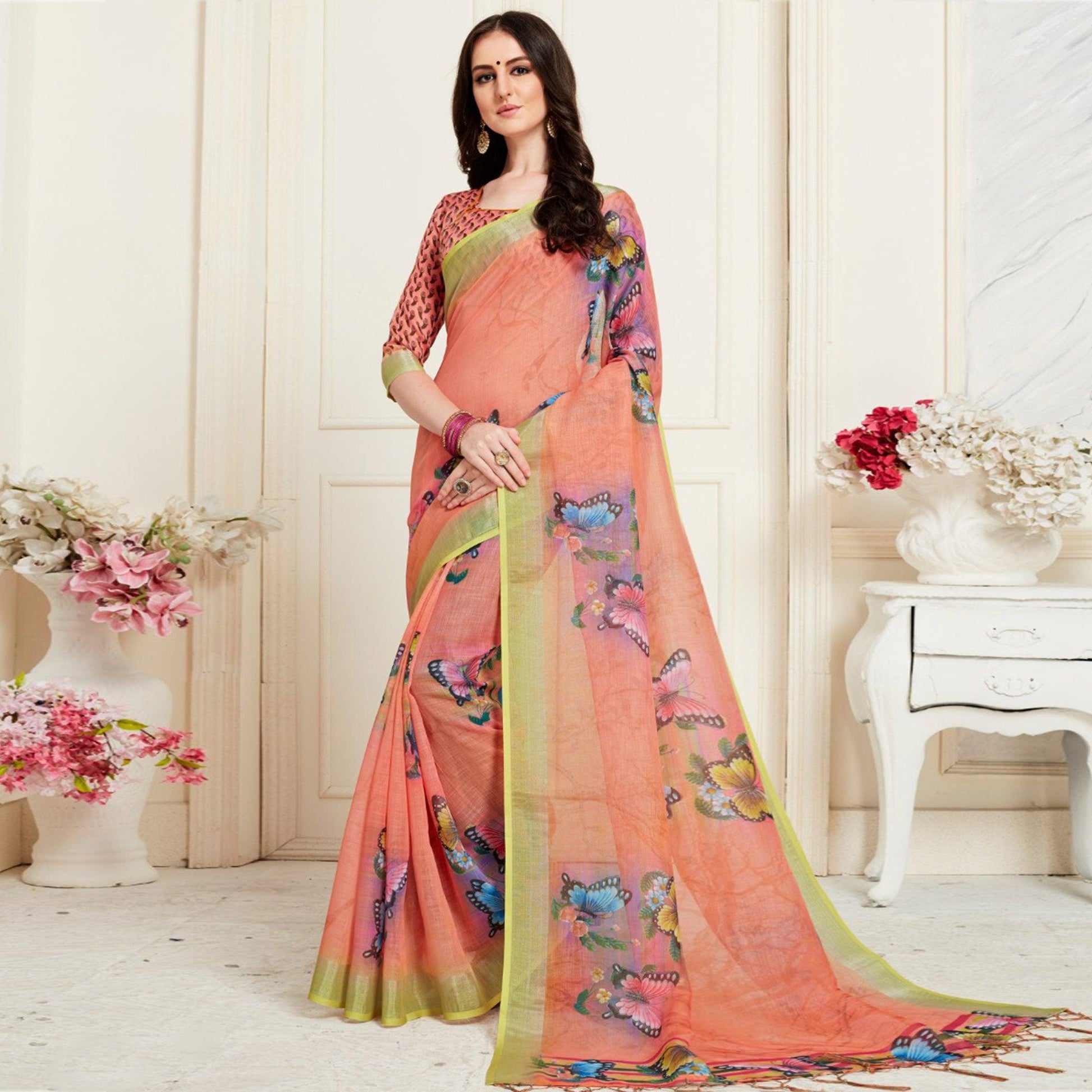 Classy Peach Colored Casual Butterfly Digital Printed Linen Saree