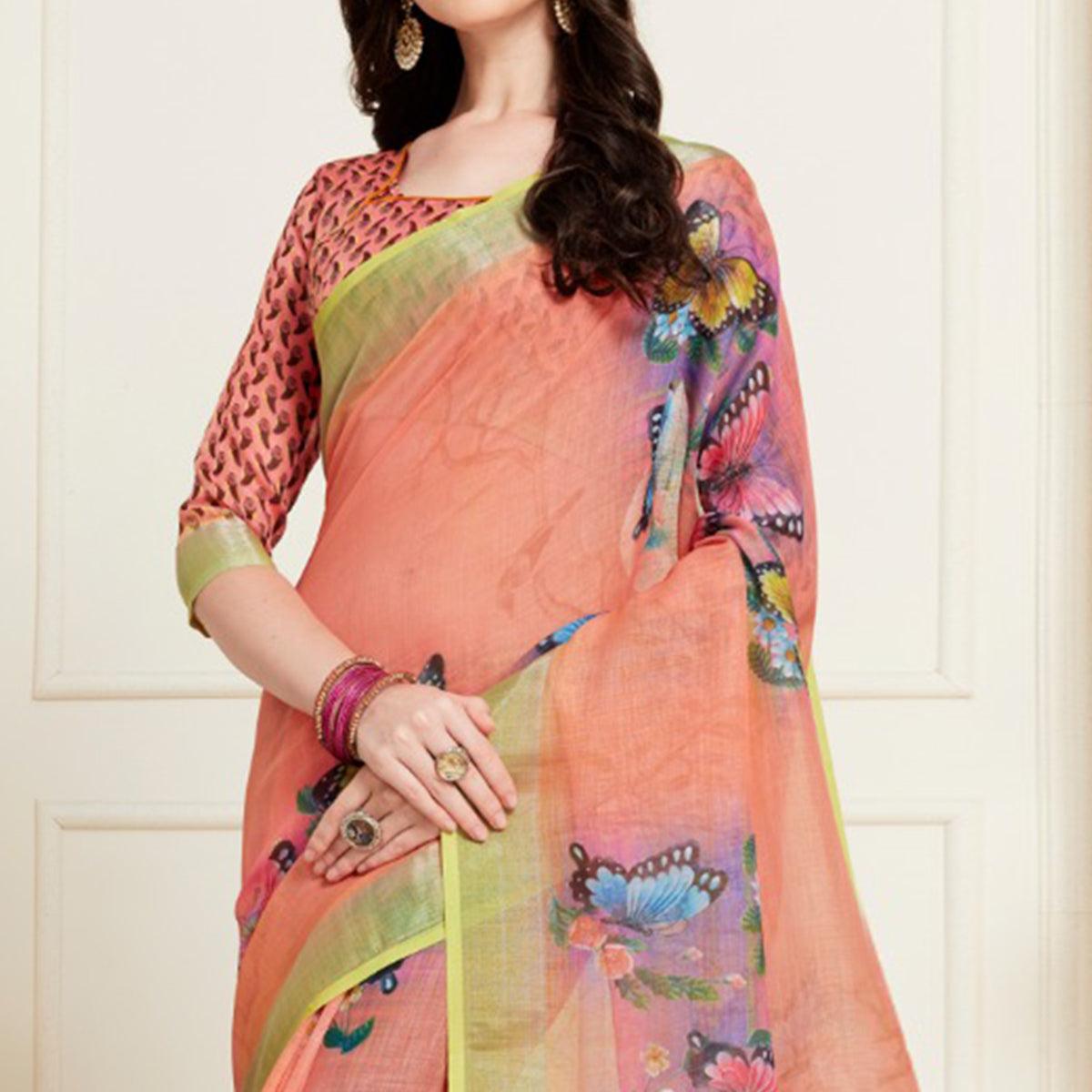 Classy Peach Colored Casual Butterfly Digital Printed Linen Saree