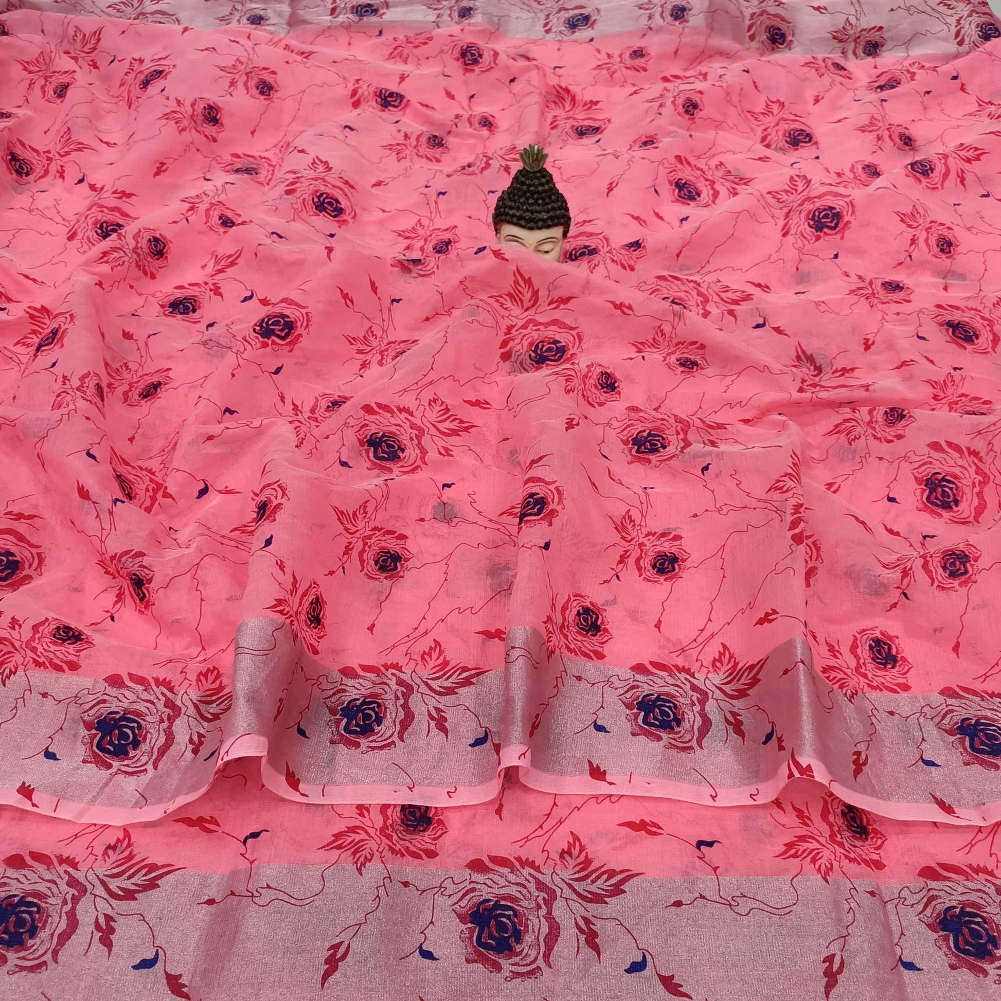 Classy Peach Colored Casual Wear Floral Block Printed Cotton Linen Saree