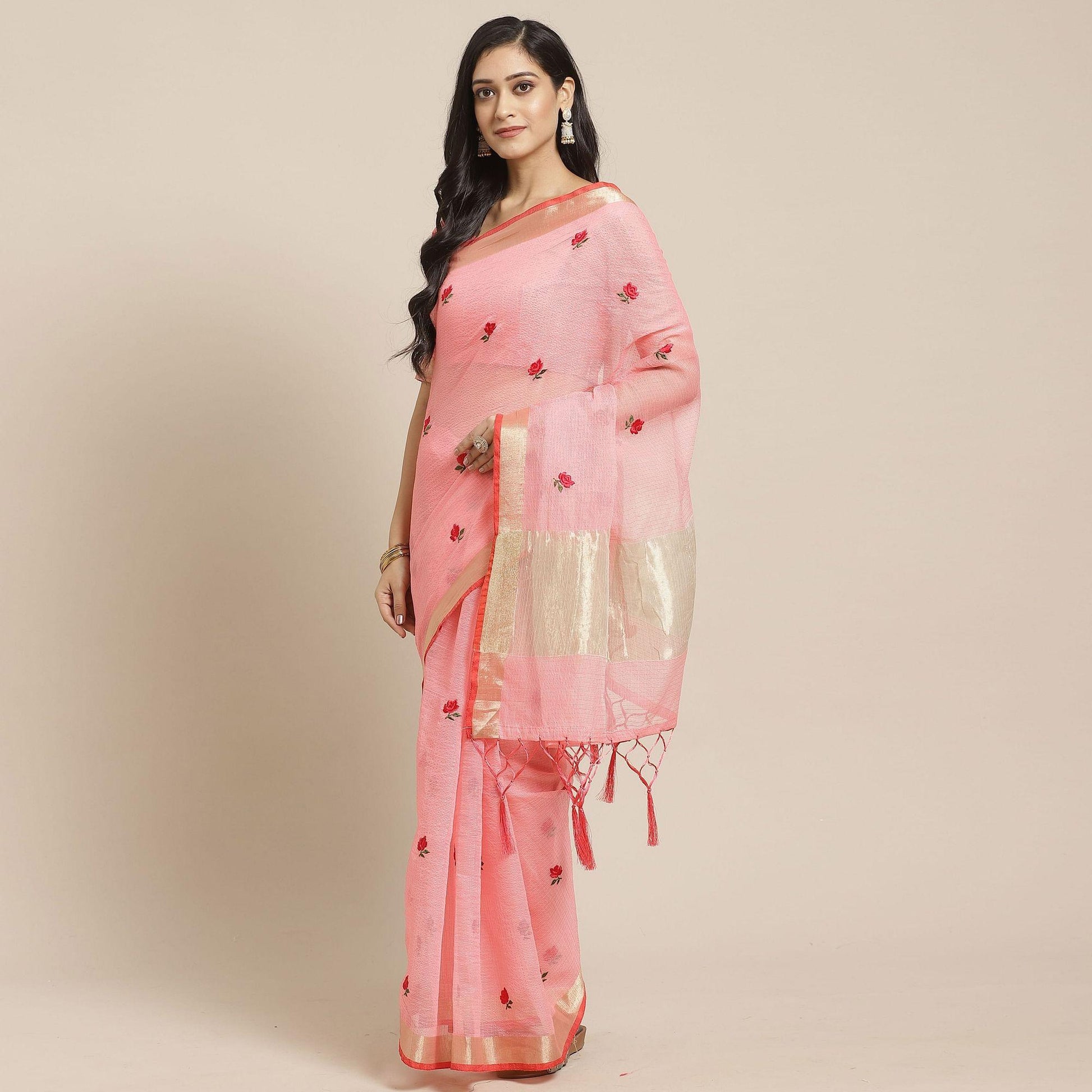 Classy Peach Colored Casual Wear Floral Embroidered Silk Saree With Tassels
