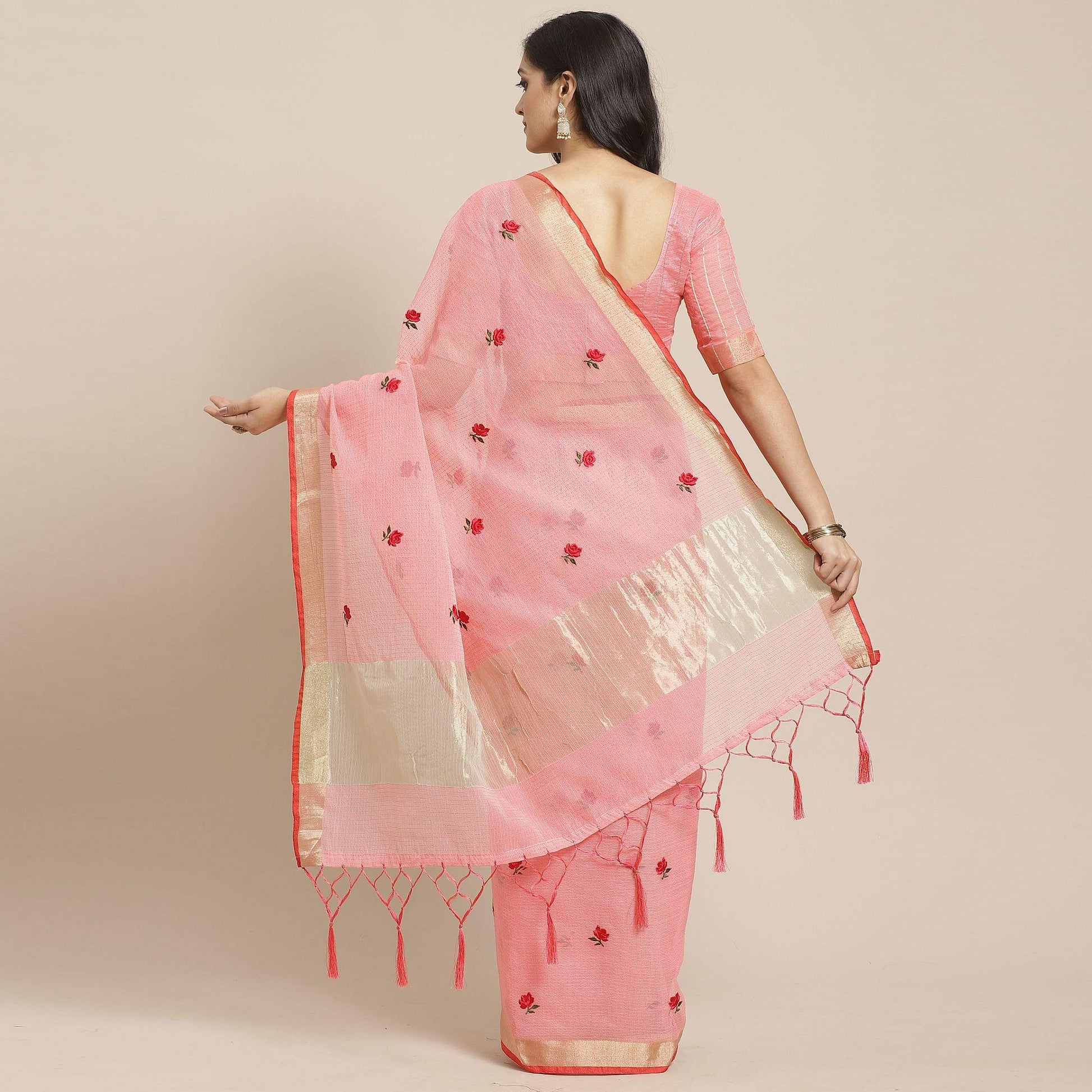 Classy Peach Colored Casual Wear Floral Embroidered Silk Saree With Tassels