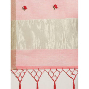 Classy Peach Colored Casual Wear Floral Embroidered Silk Saree With Tassels