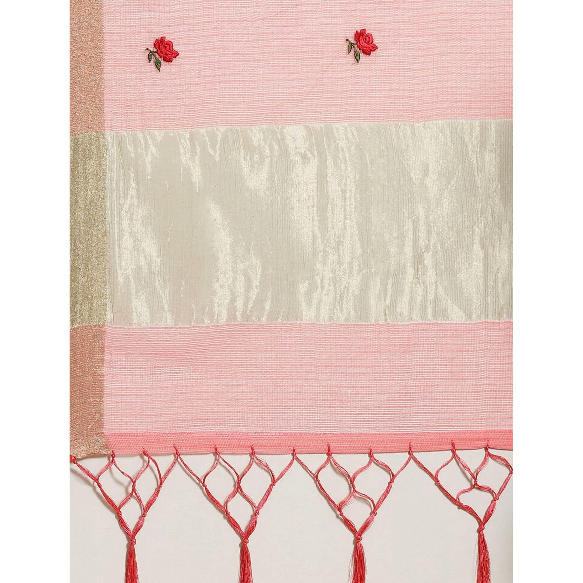 Classy Peach Colored Casual Wear Floral Embroidered Silk Saree With Tassels