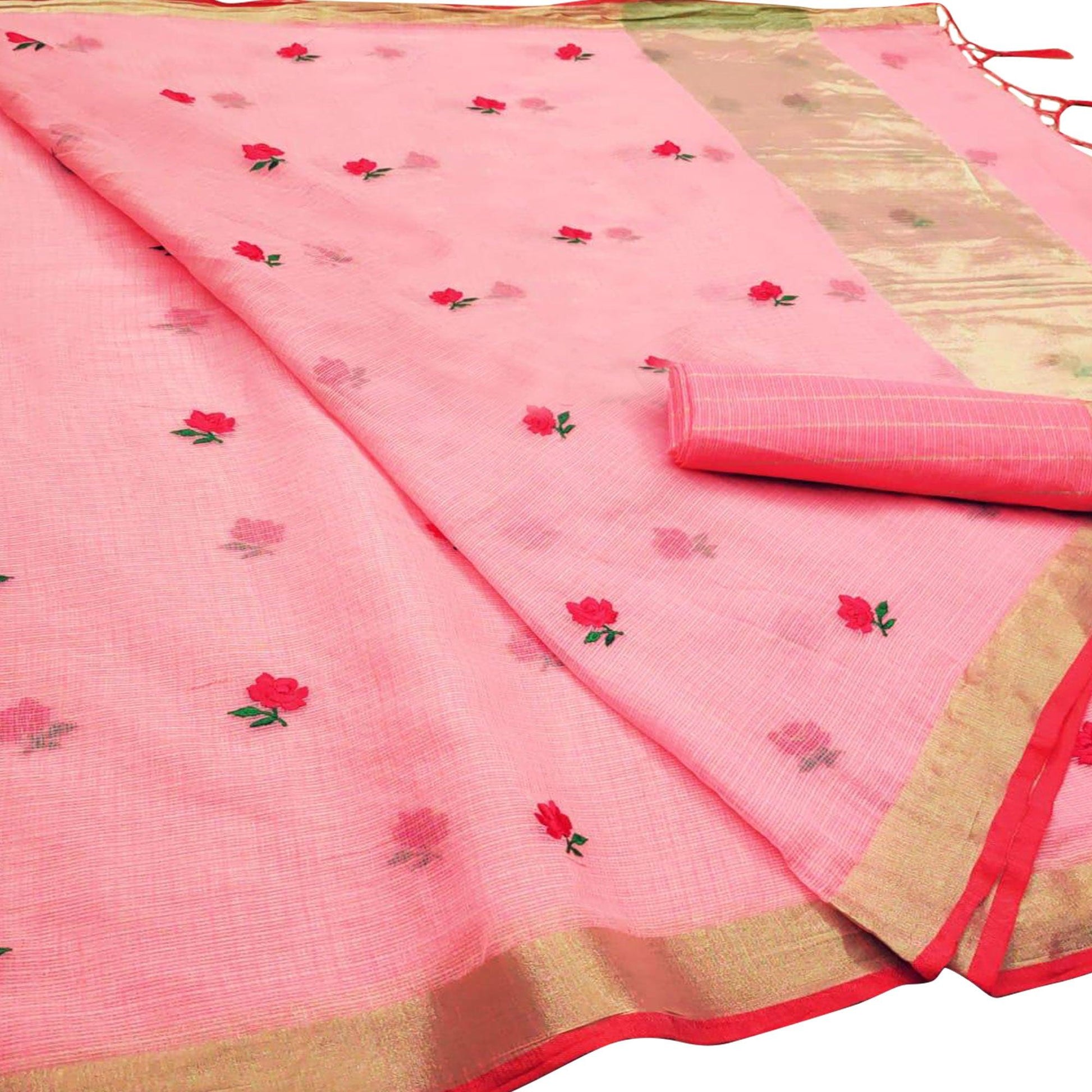 Classy Peach Colored Casual Wear Floral Embroidered Silk Saree With Tassels