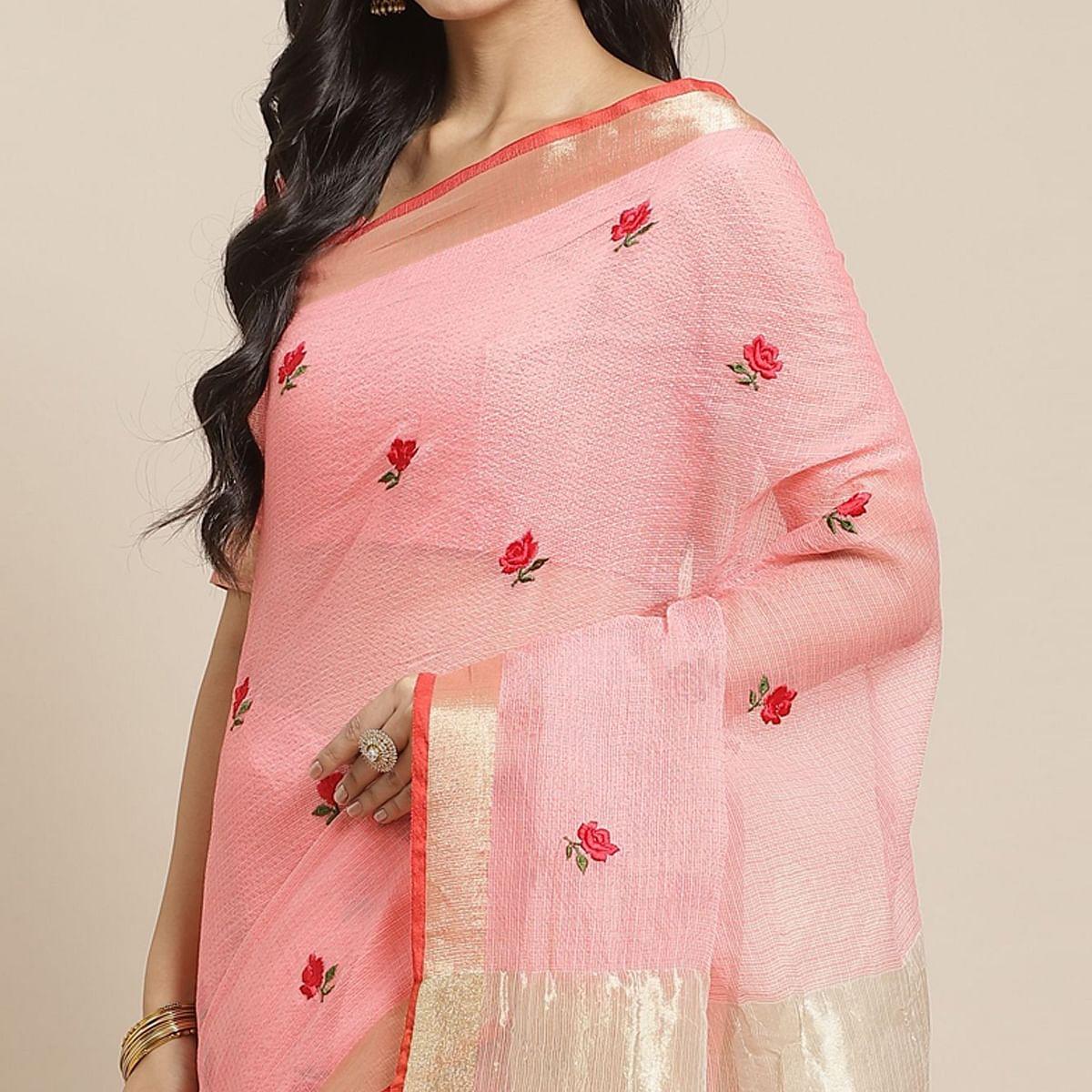 Classy Peach Colored Casual Wear Floral Embroidered Silk Saree With Tassels