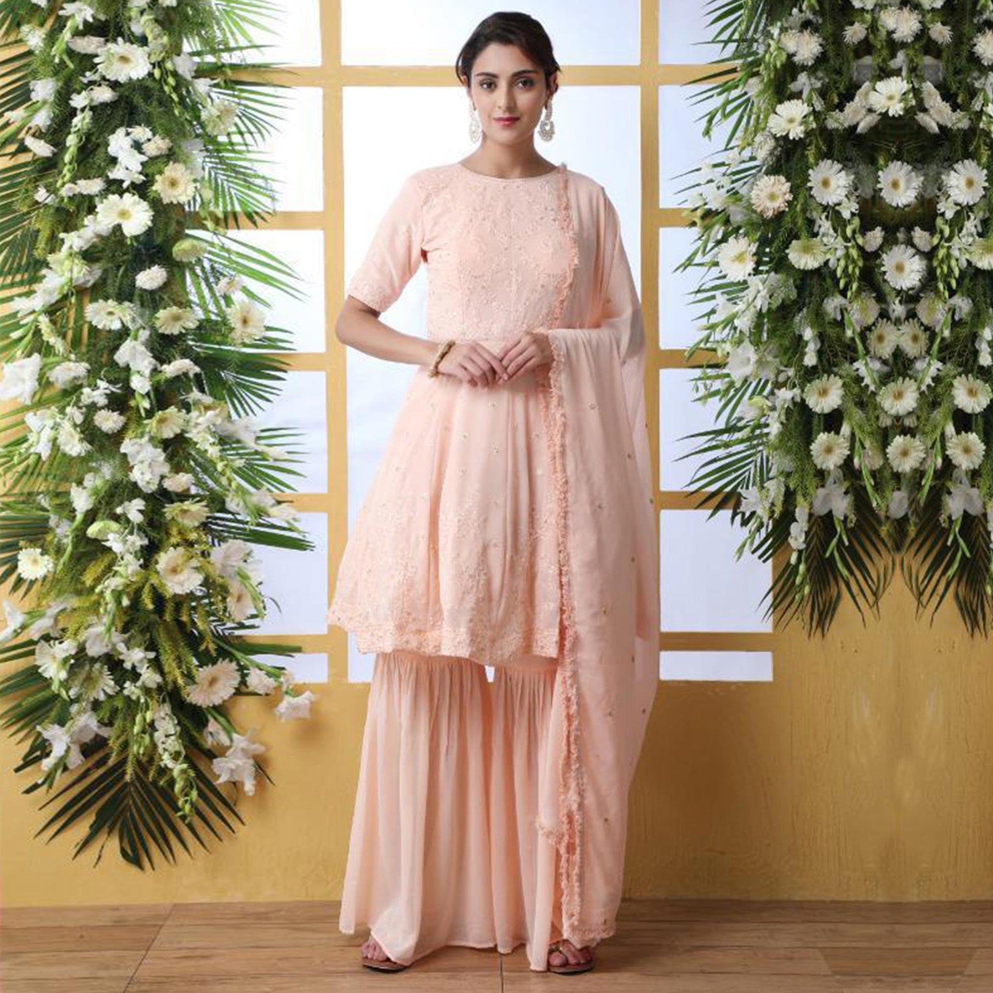 Classy Peach Colored Party Wear Embroidered Georgette Palazzo Suit