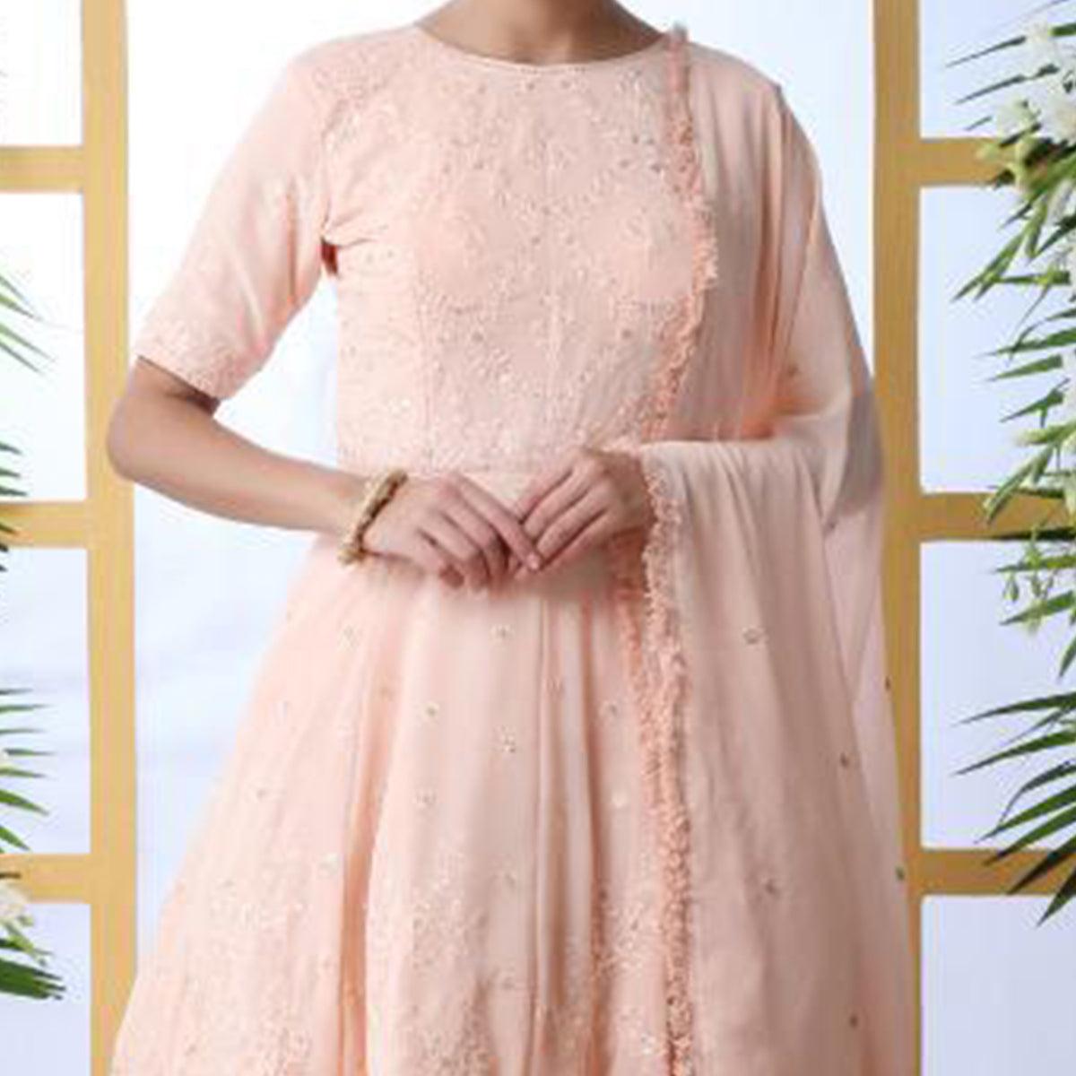 Classy Peach Colored Party Wear Embroidered Georgette Palazzo Suit