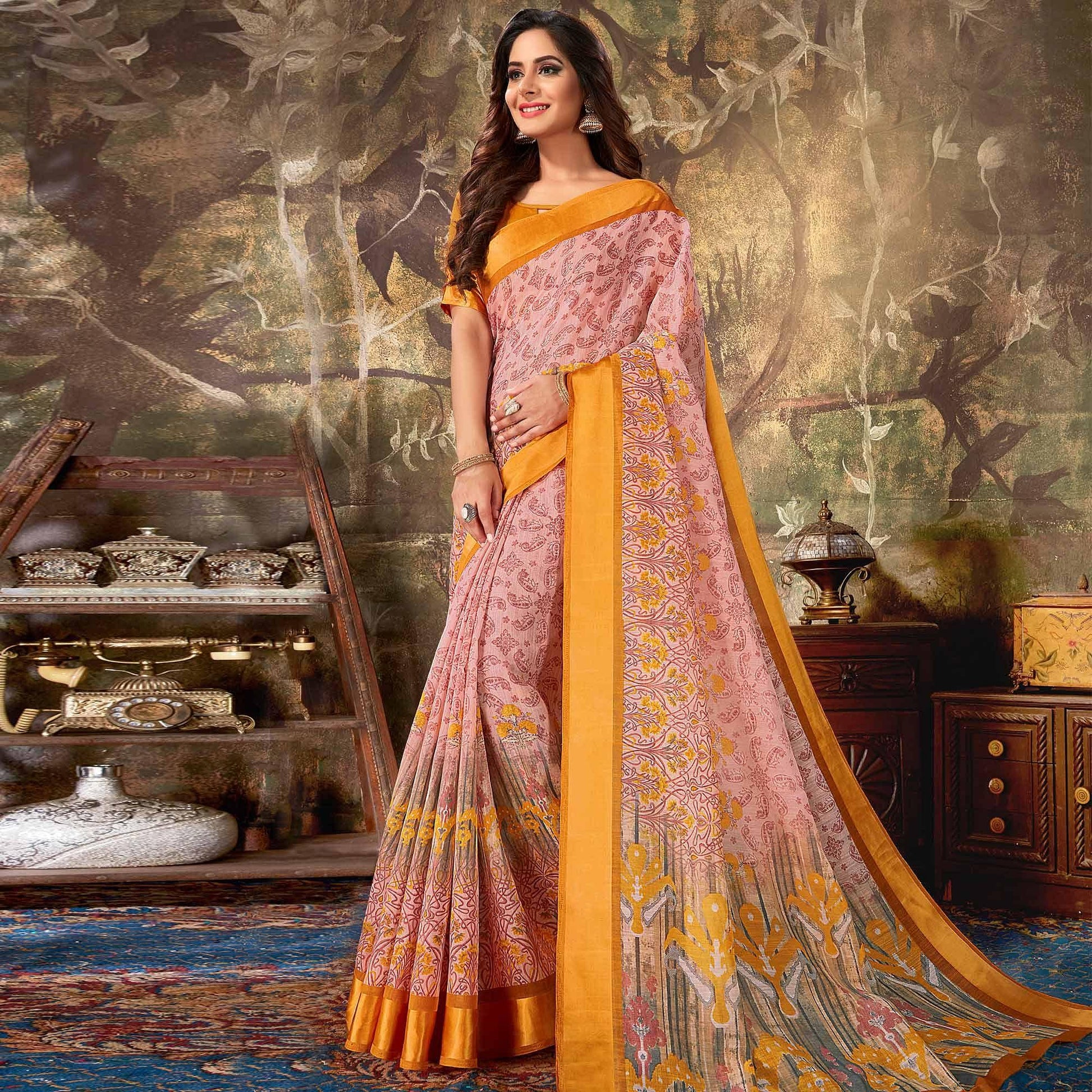 Classy Pink Colored Casual Wear Printed Cotton Saree