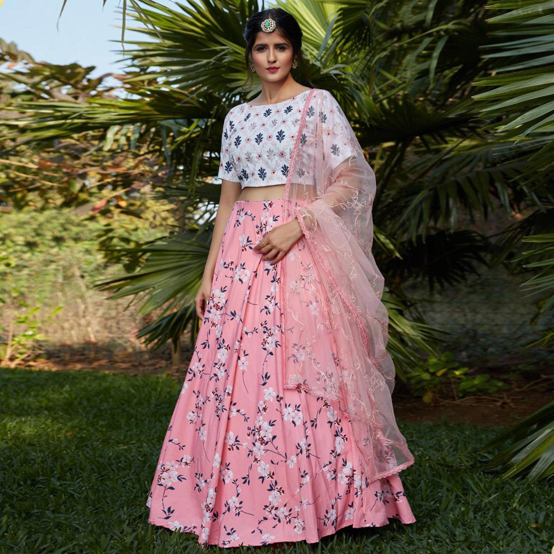 Classy Pink-White Colored Floral Printed Partywear Silk Crepe Lehenga Choli