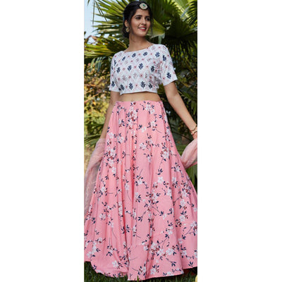 Classy Pink-White Colored Floral Printed Partywear Silk Crepe Lehenga Choli