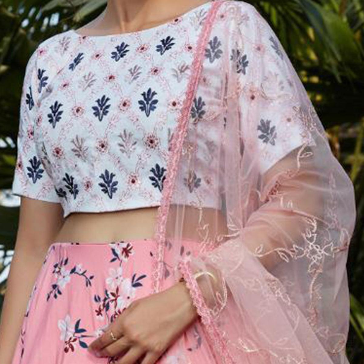 Classy Pink-White Colored Floral Printed Partywear Silk Crepe Lehenga Choli