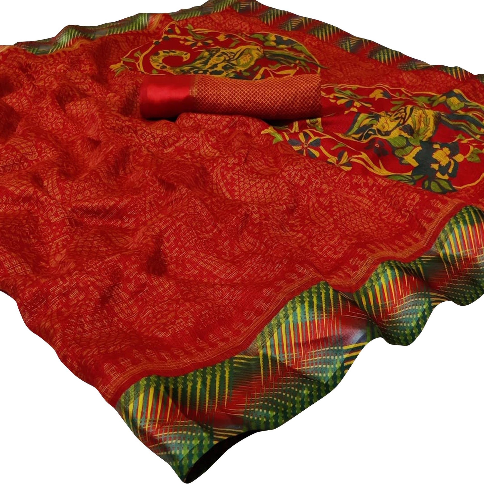 Classy Red Colored Casual Printed Kota Doria Satin Saree