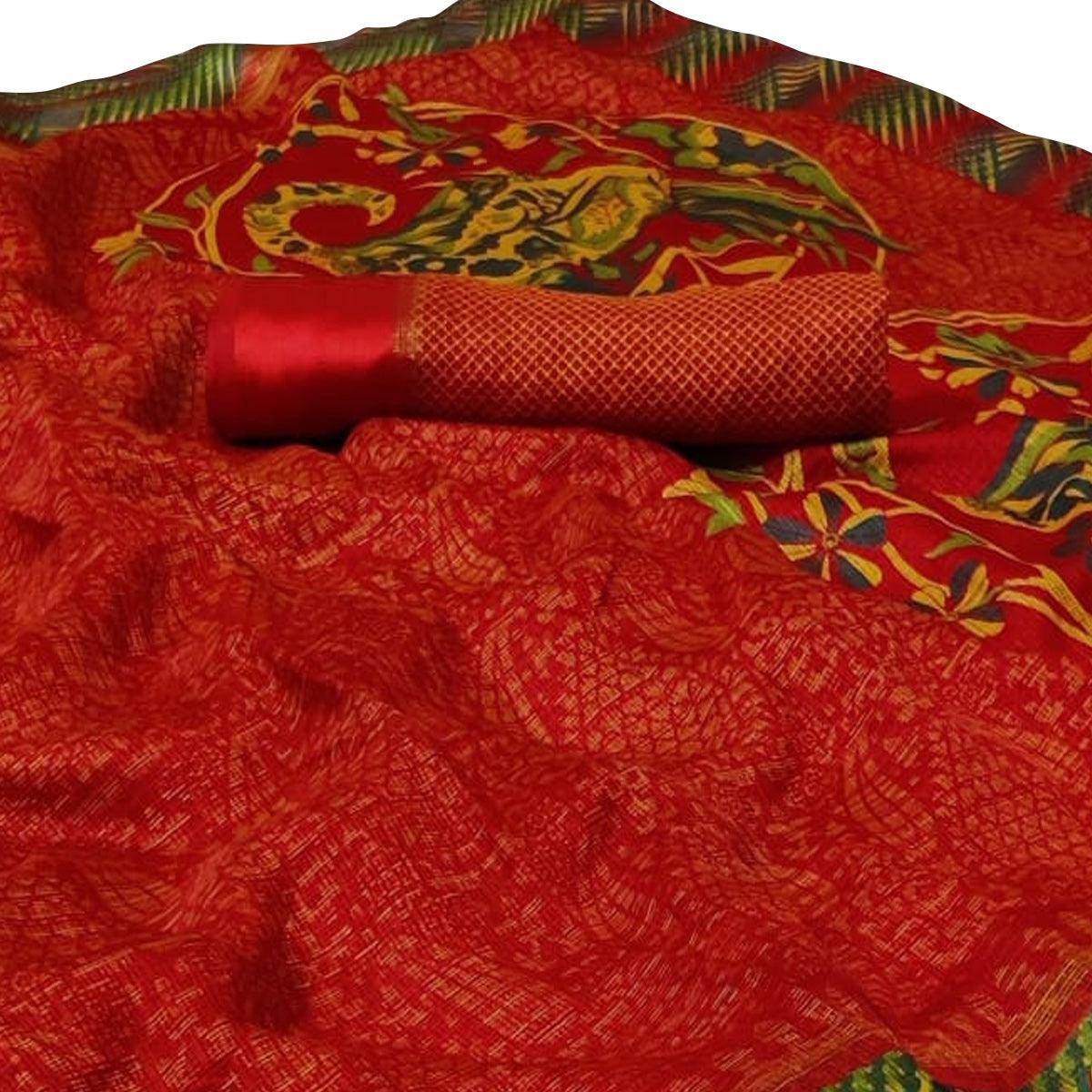 Classy Red Colored Casual Printed Kota Doria Satin Saree