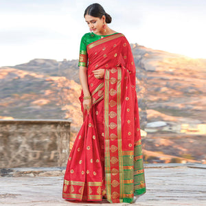 Classy Red Colored Festive Wear Woven Cotton Handloom Saree
