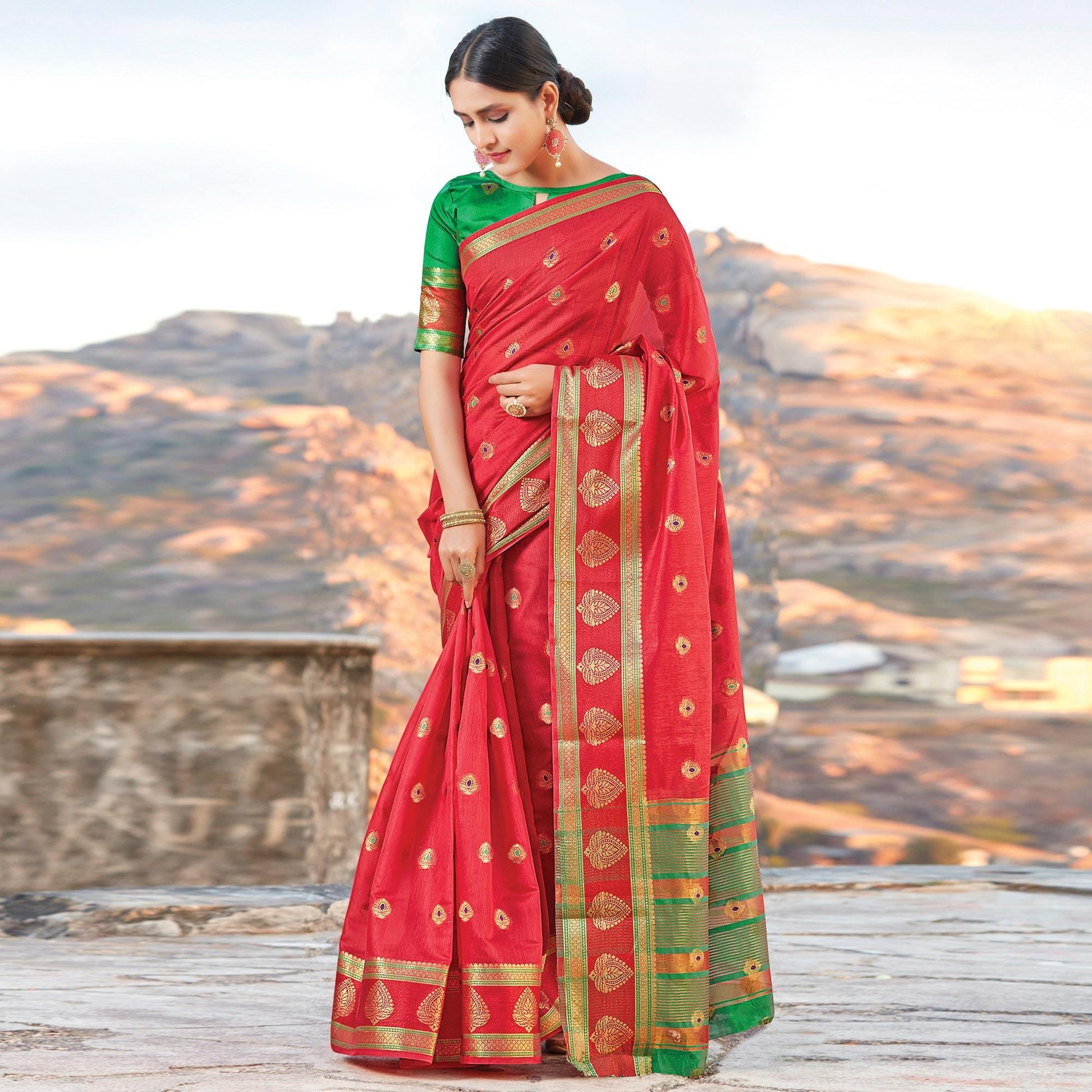Classy Red Colored Festive Wear Woven Cotton Handloom Saree