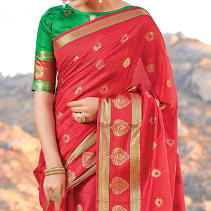 Classy Red Colored Festive Wear Woven Cotton Handloom Saree