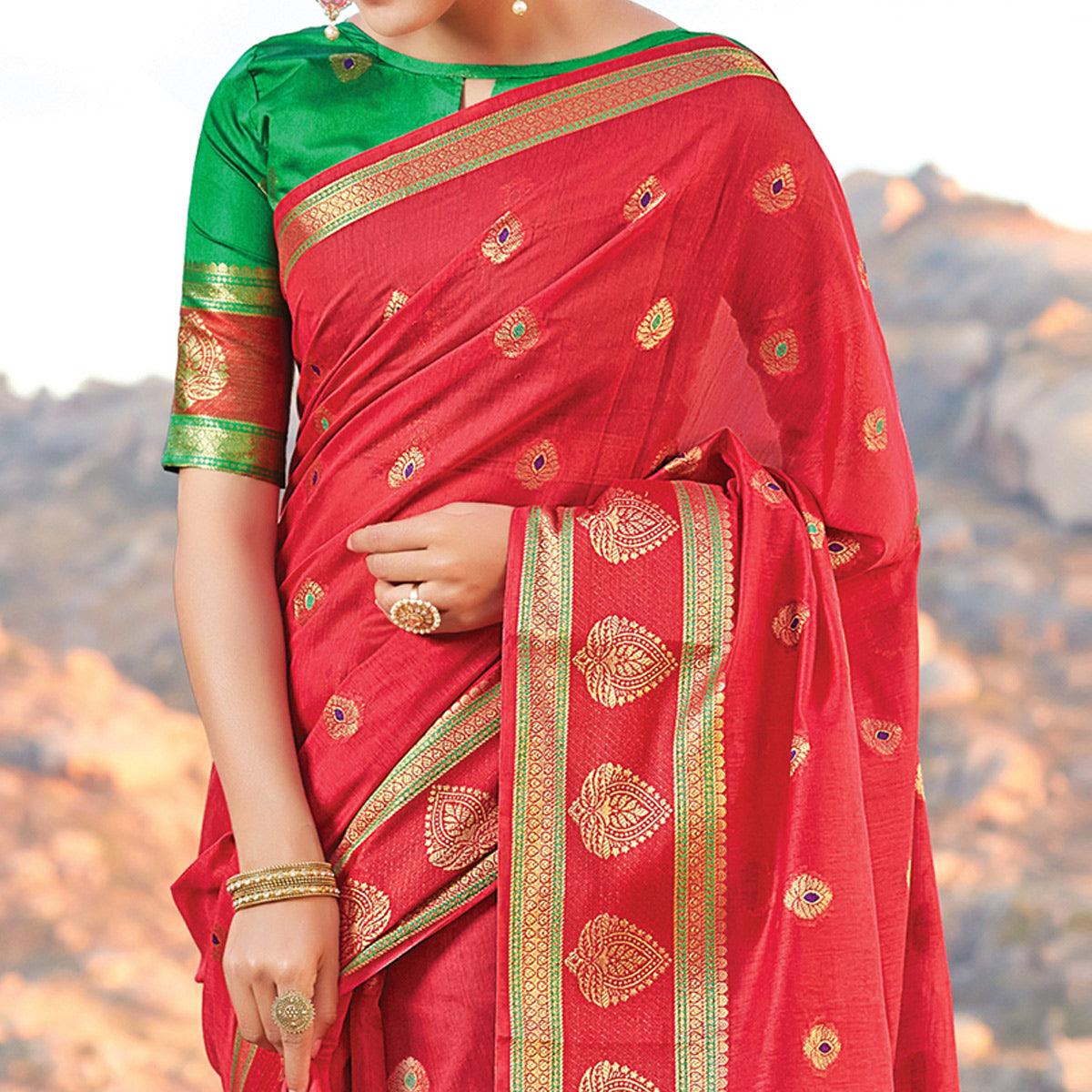Classy Red Colored Festive Wear Woven Cotton Handloom Saree