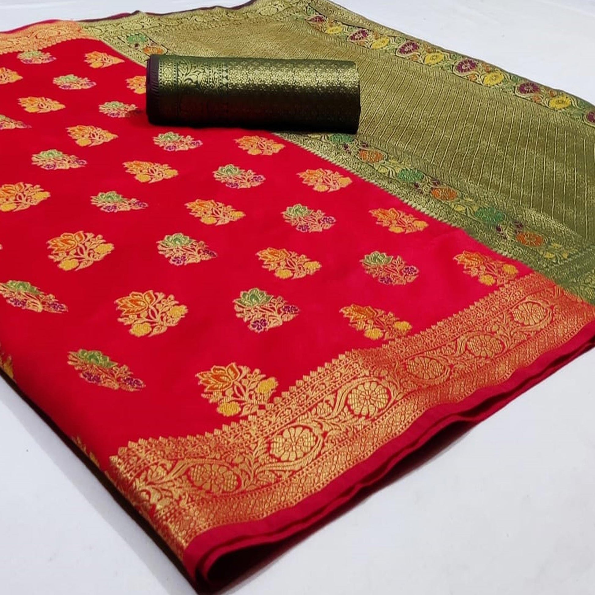 Classy Red Colored Festive Wear Woven Silk Saree