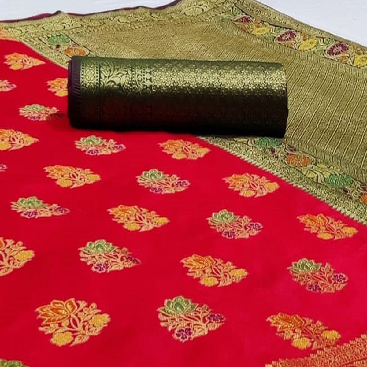 Classy Red Colored Festive Wear Woven Silk Saree