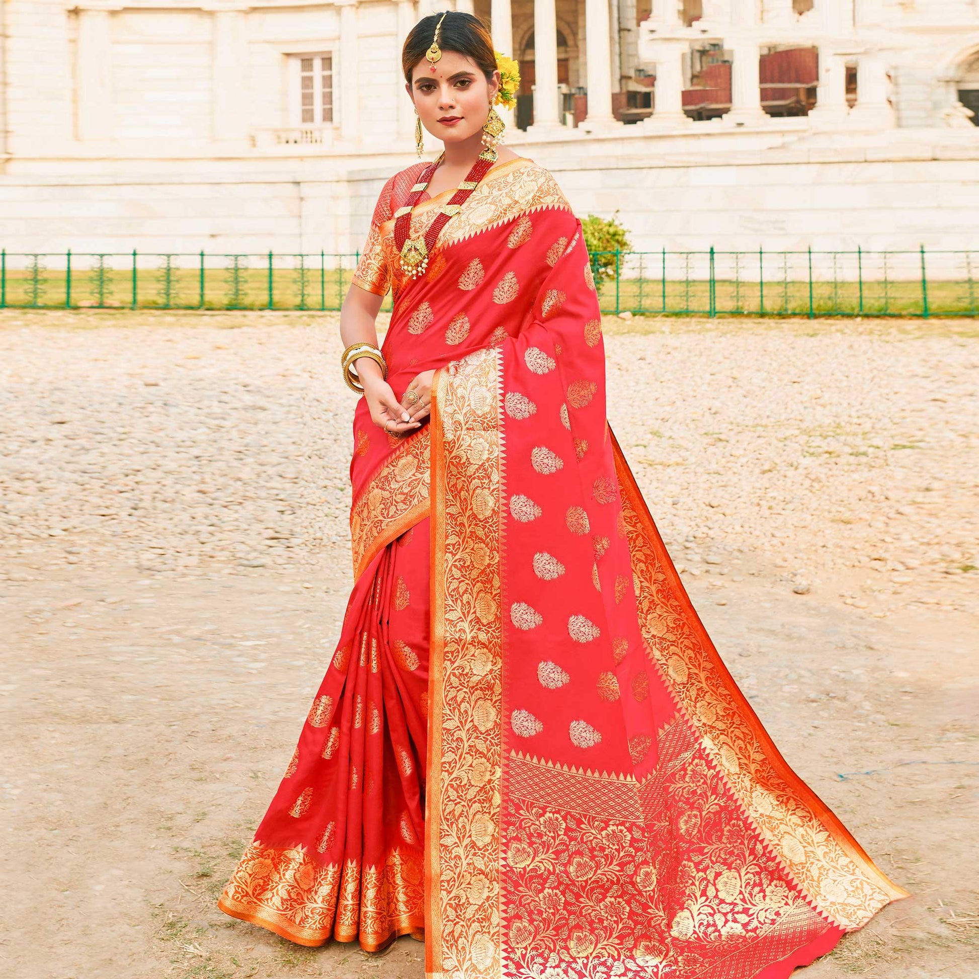 Classy Red Colored Festive Wear Woven Silk Sareee