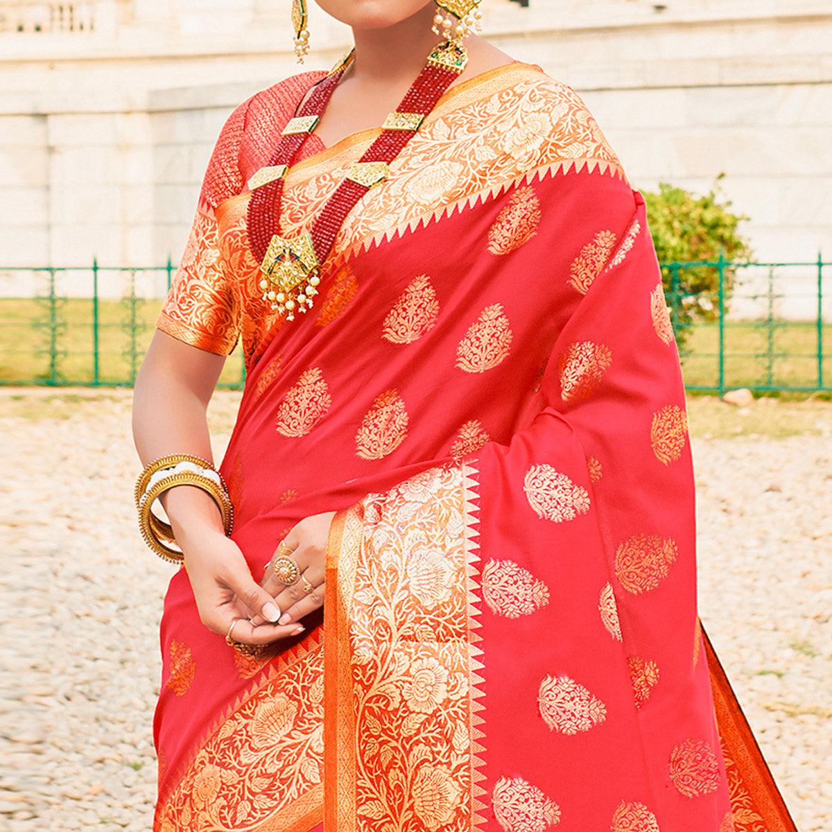 Classy Red Colored Festive Wear Woven Silk Sareee