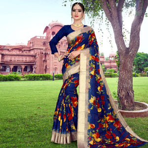 Classy Royal Blue Colored Casual Printed Cotton Saree
