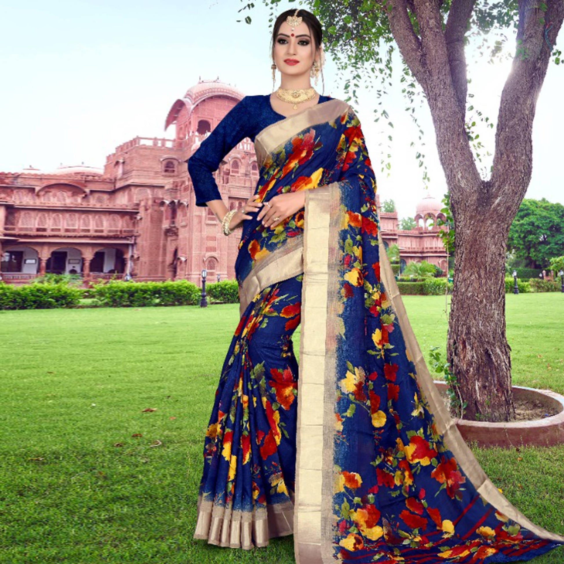 Classy Royal Blue Colored Casual Printed Cotton Saree