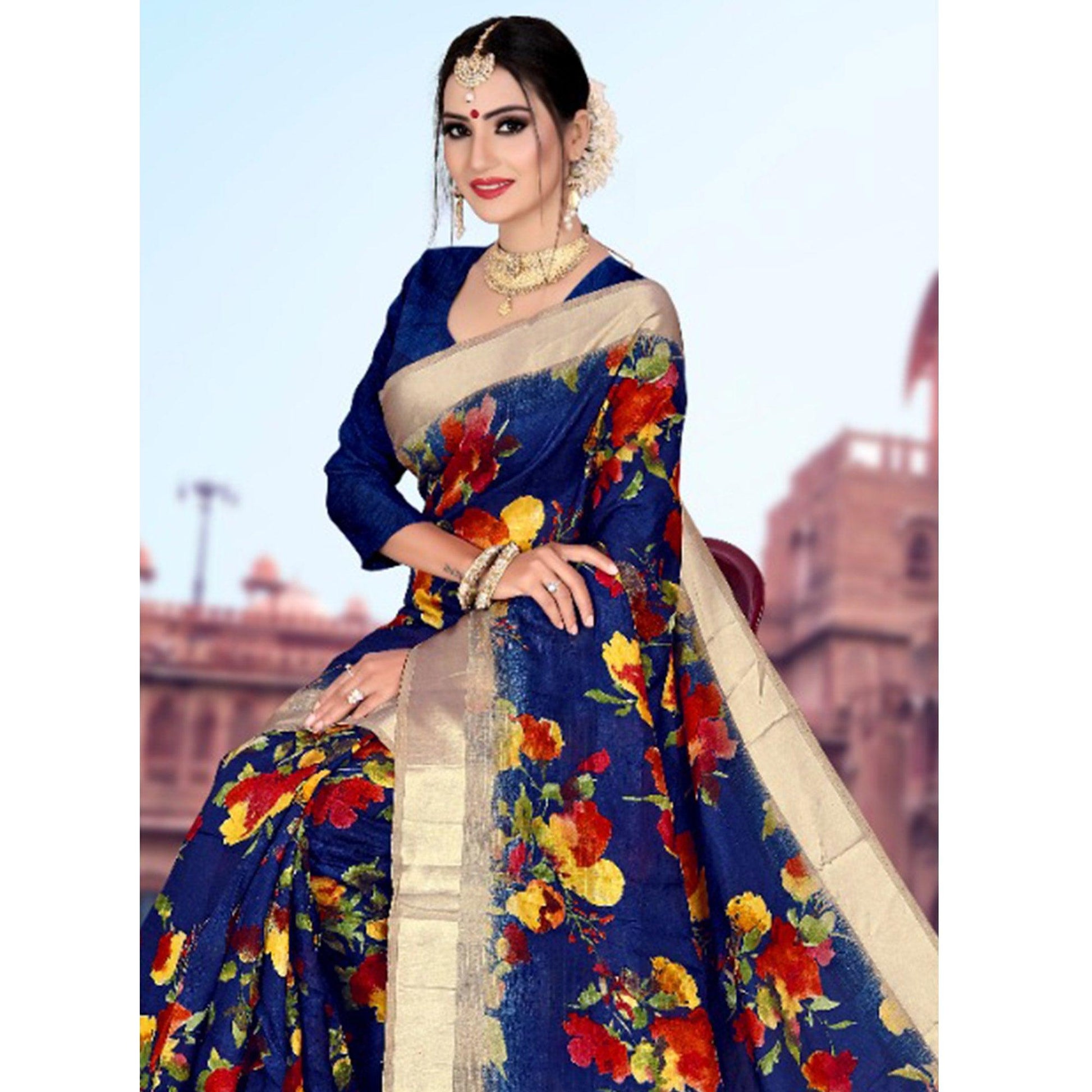 Classy Royal Blue Colored Casual Printed Cotton Saree