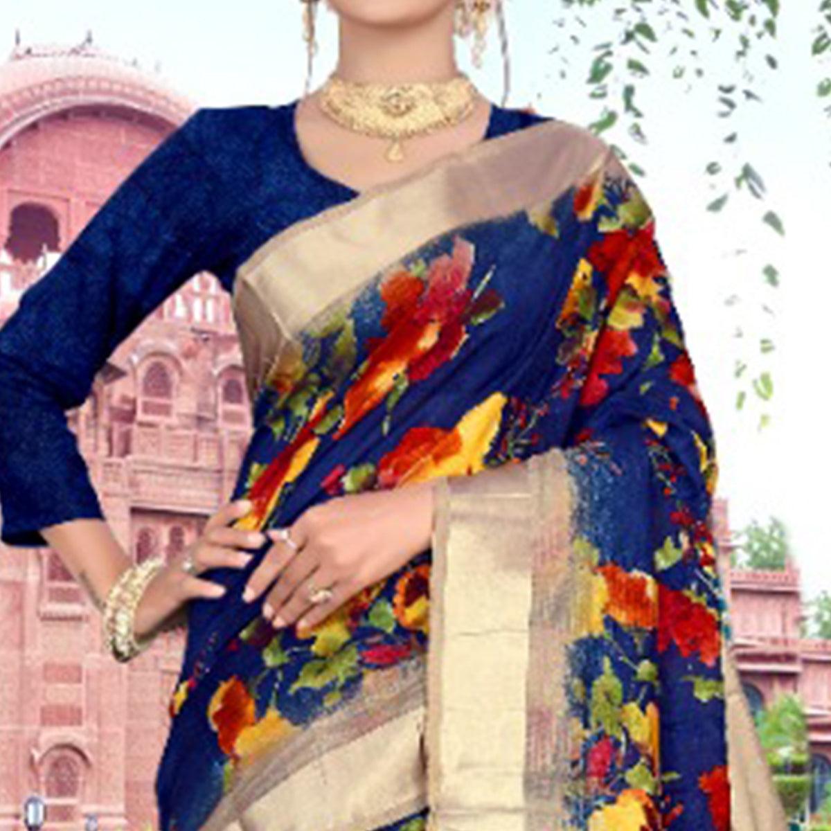 Classy Royal Blue Colored Casual Printed Cotton Saree