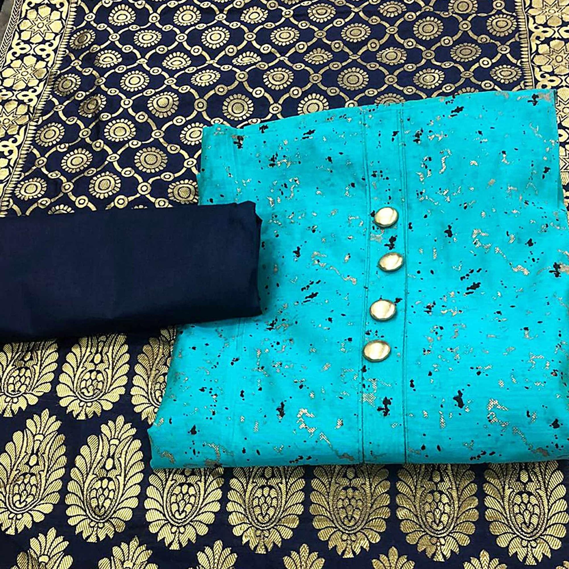 Classy Sky Blue Colored Casual Wear Printed Chanderi Dress Material With Banarasi Silk Dupatta
