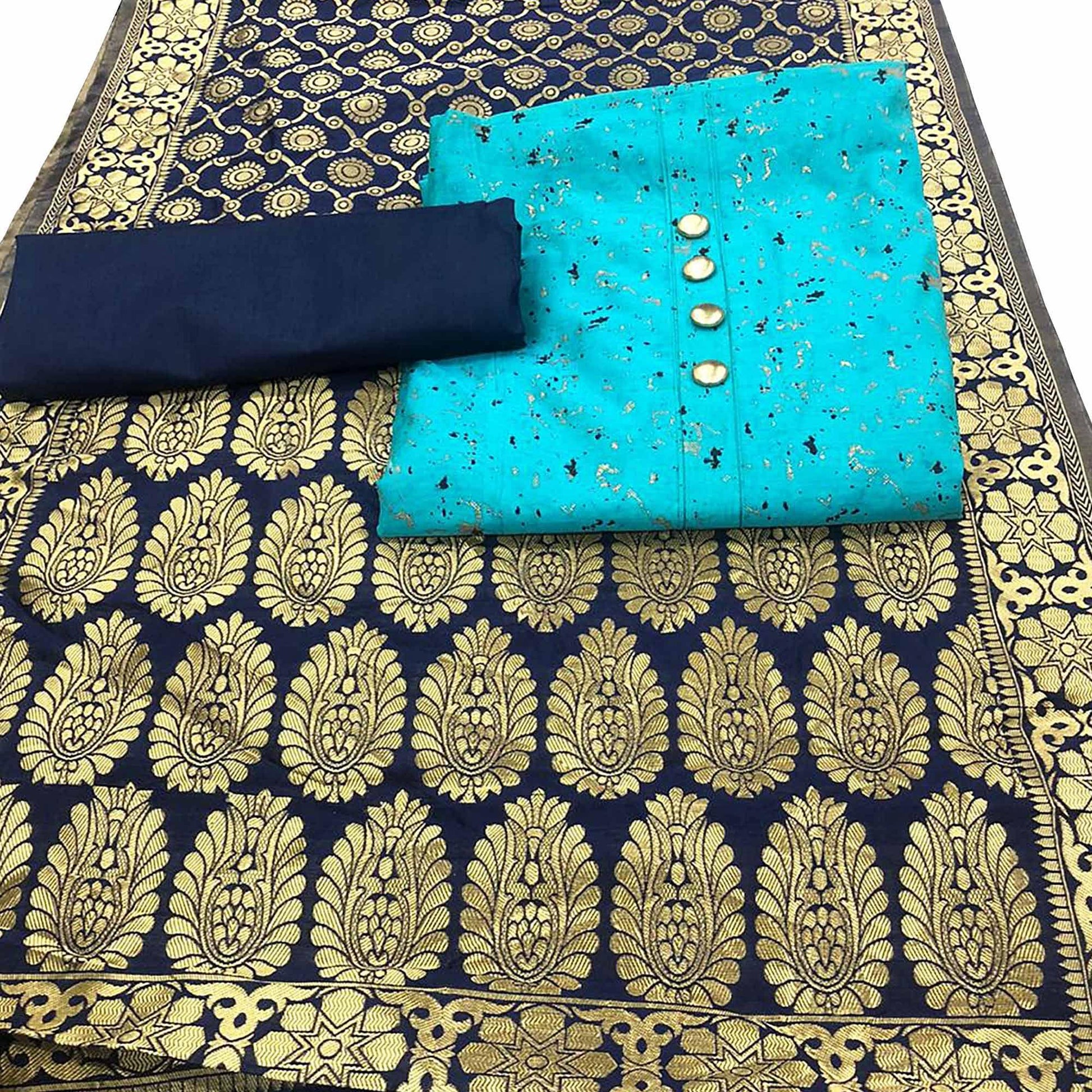 Classy Sky Blue Colored Casual Wear Printed Chanderi Dress Material With Banarasi Silk Dupatta