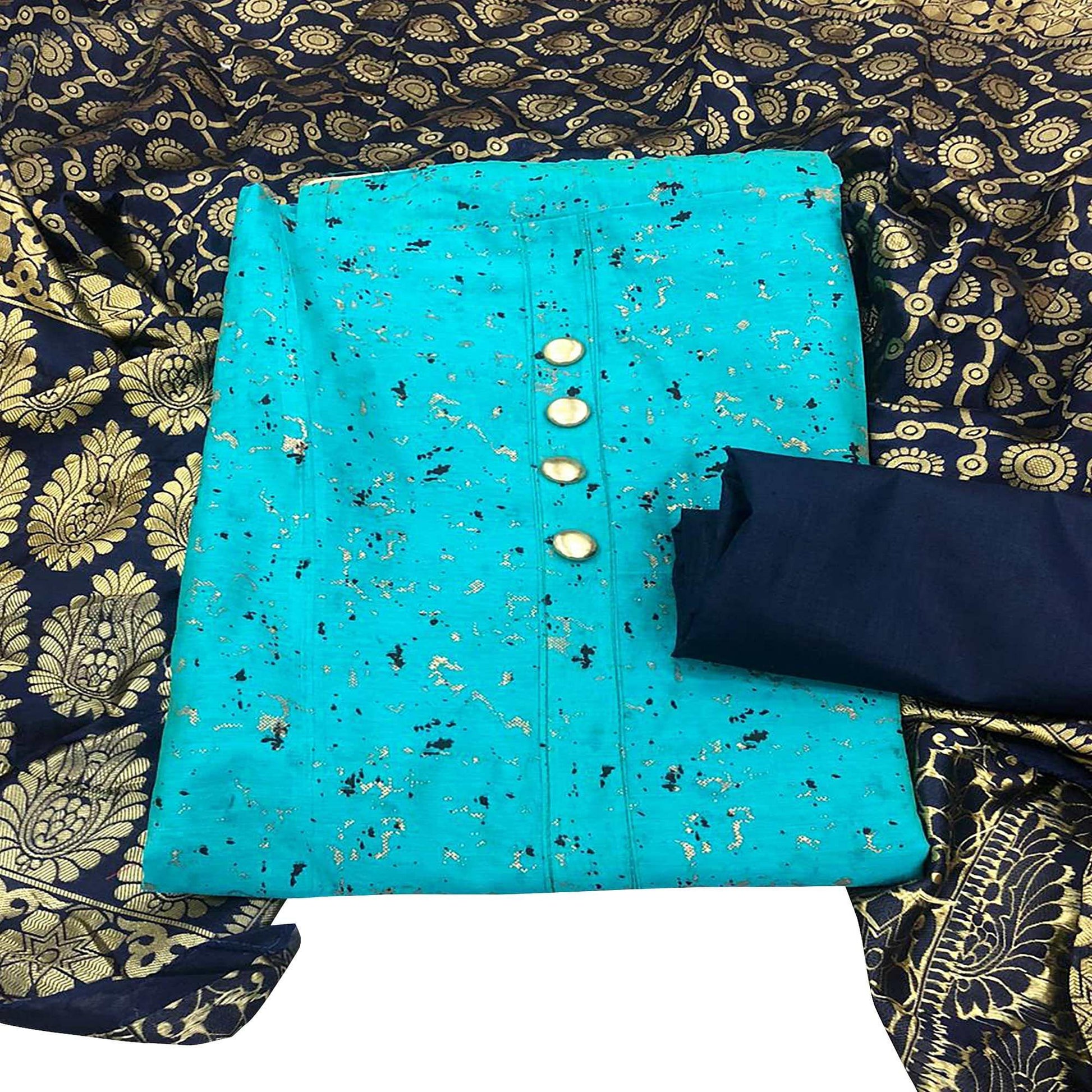 Classy Sky Blue Colored Casual Wear Printed Chanderi Dress Material With Banarasi Silk Dupatta
