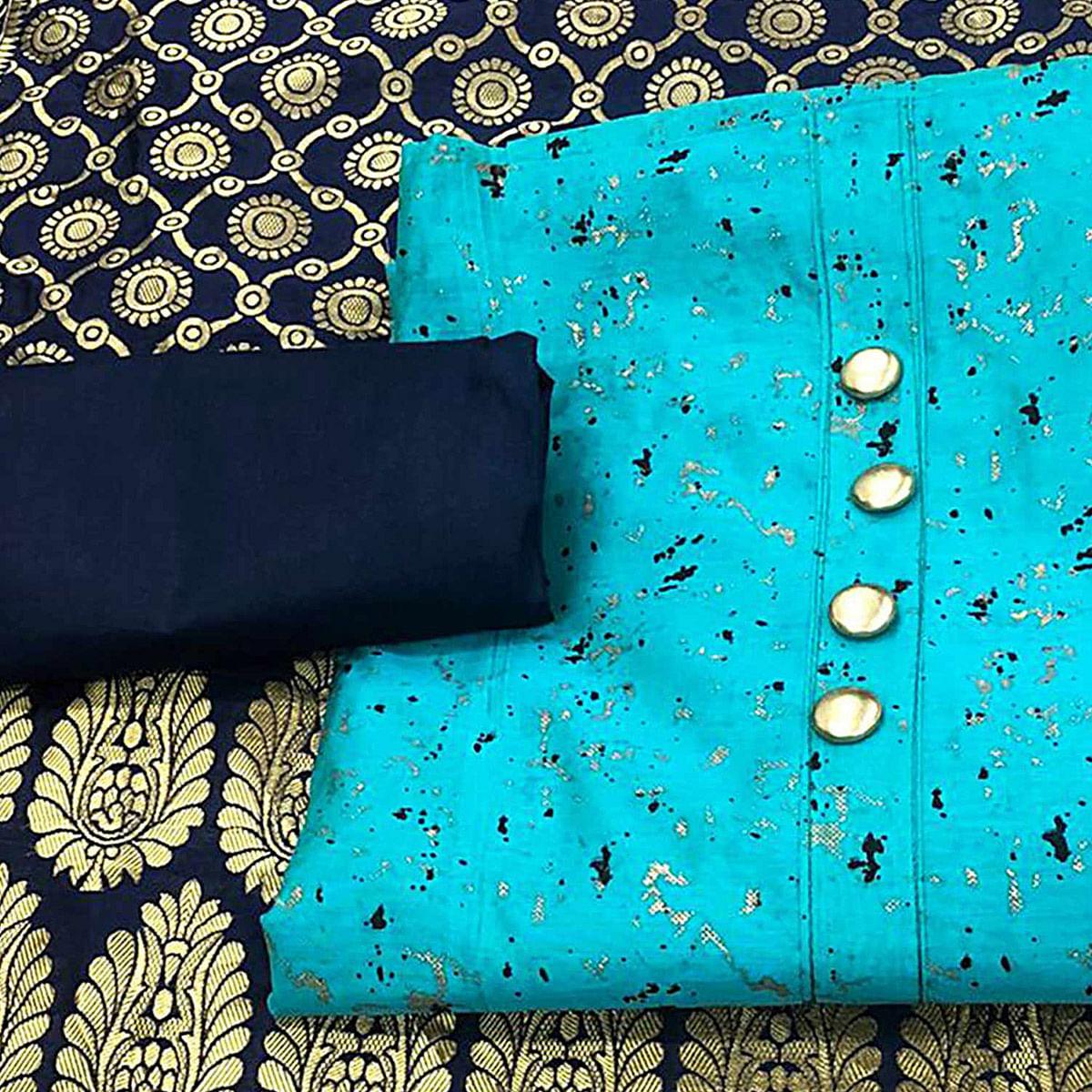 Classy Sky Blue Colored Casual Wear Printed Chanderi Dress Material With Banarasi Silk Dupatta