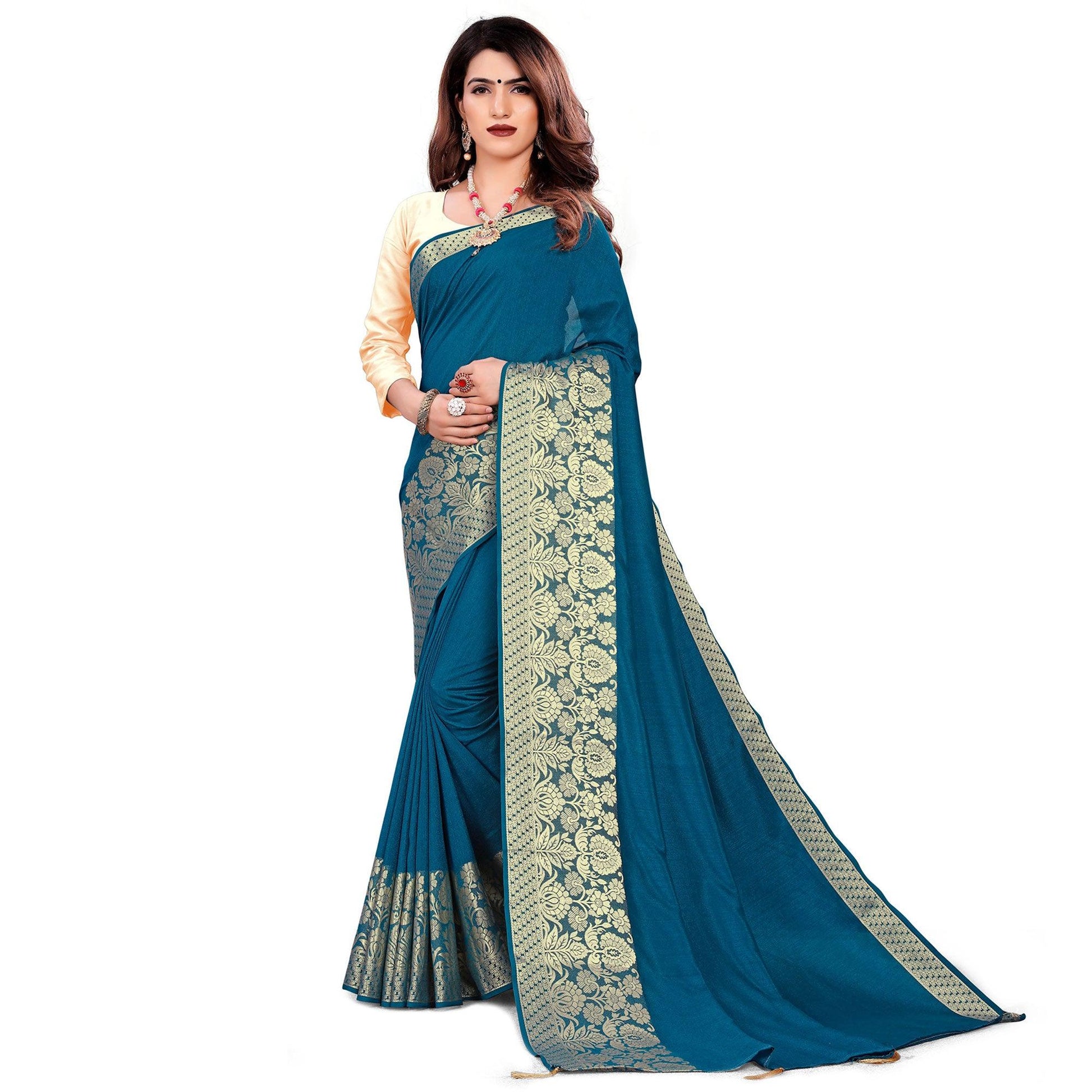 Classy Teal Blue Colored Festive Wear Woven Art Silk Saree With Tassels