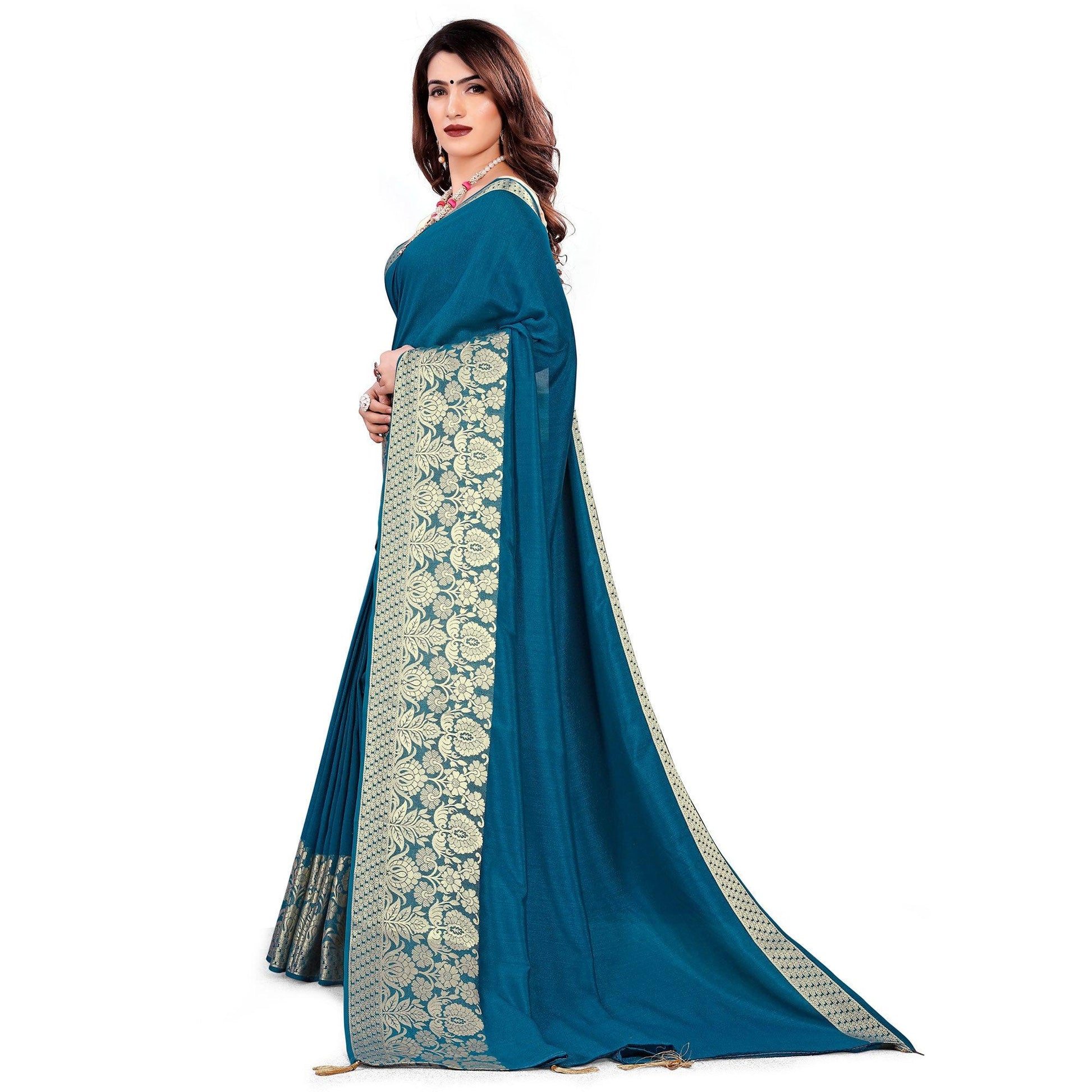 Classy Teal Blue Colored Festive Wear Woven Art Silk Saree With Tassels