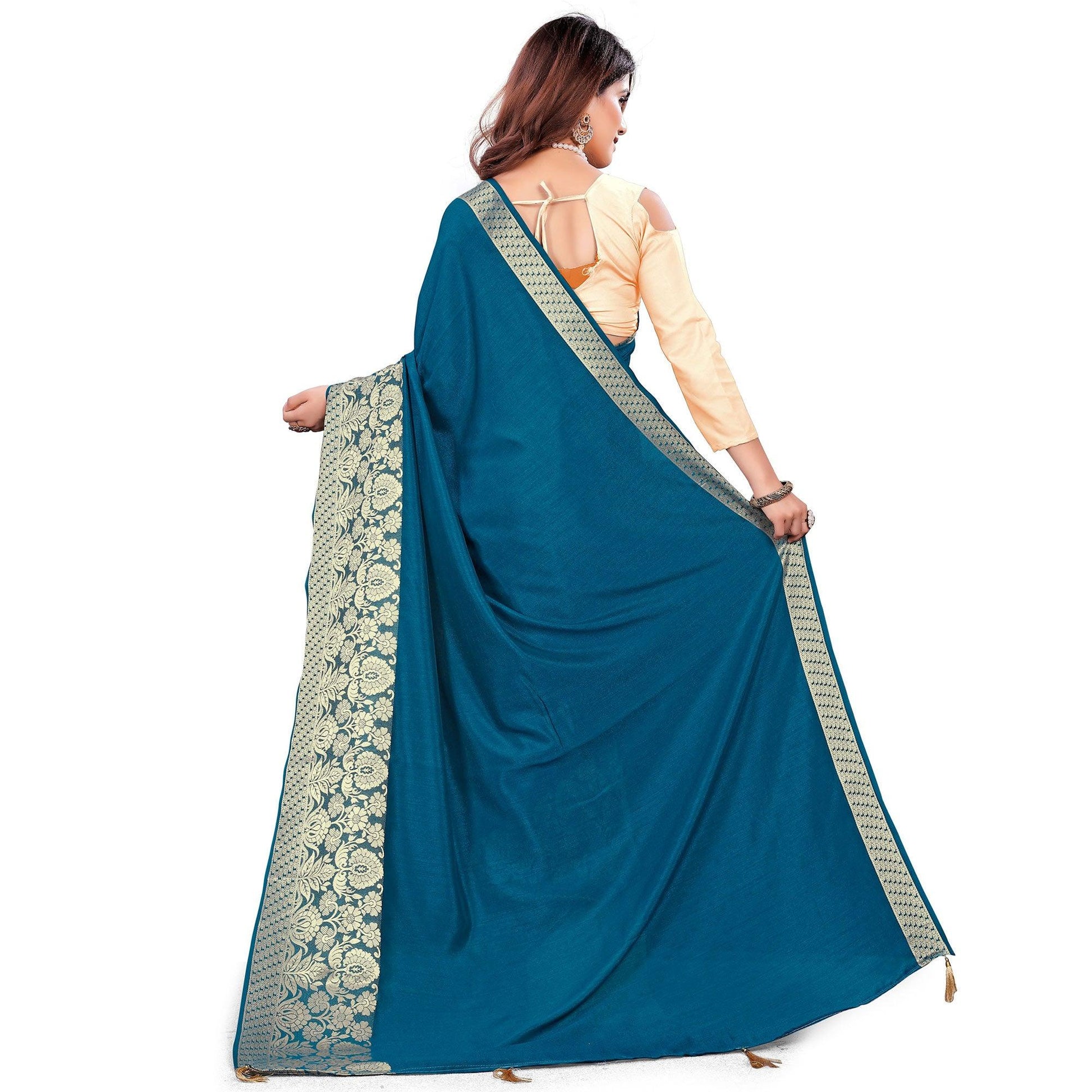 Classy Teal Blue Colored Festive Wear Woven Art Silk Saree With Tassels