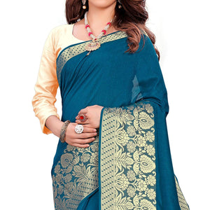 Classy Teal Blue Colored Festive Wear Woven Art Silk Saree With Tassels