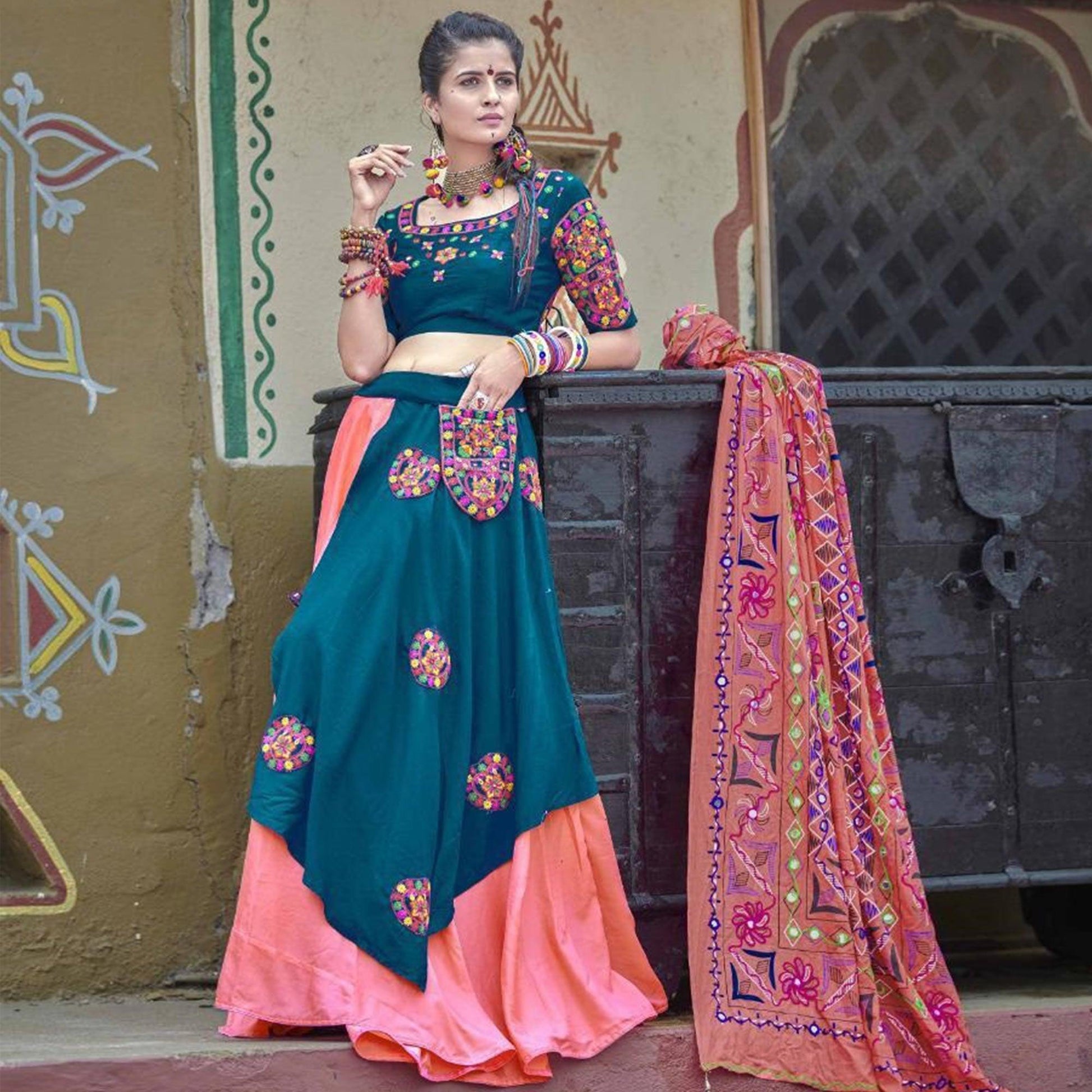 Classy Teal Blue Colored Party Wear Embroidered Soft Cotton Navratri Lehenga Choli