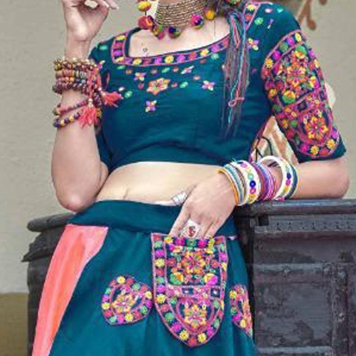 Classy Teal Blue Colored Party Wear Embroidered Soft Cotton Navratri Lehenga Choli