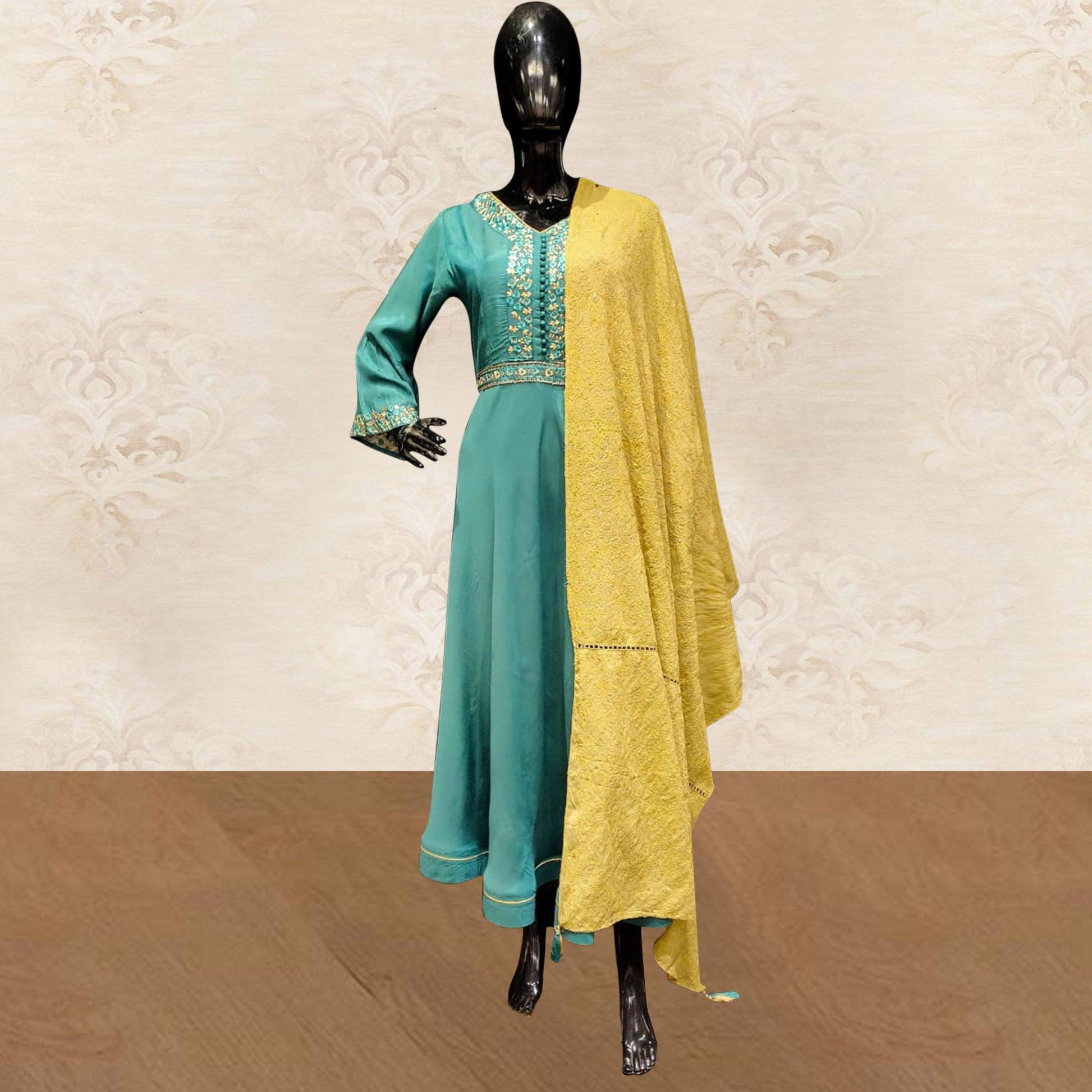 Classy Teal Blue Colored Partywear Embroidered Tapetta Silk Kurti With Dupatta