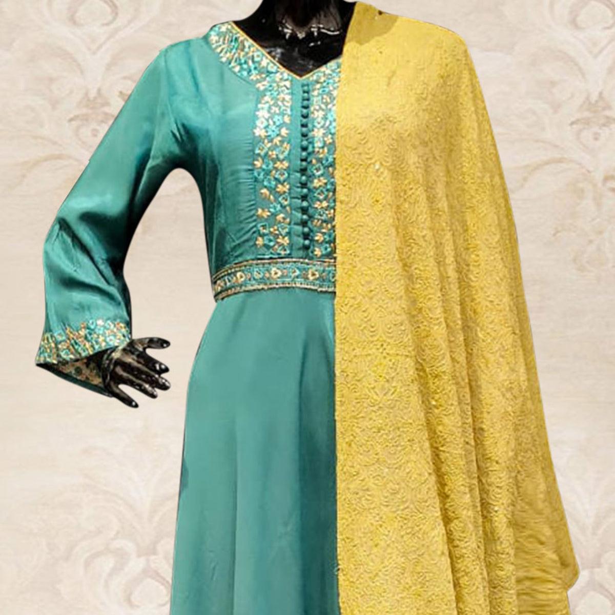 Classy Teal Blue Colored Partywear Embroidered Tapetta Silk Kurti With Dupatta