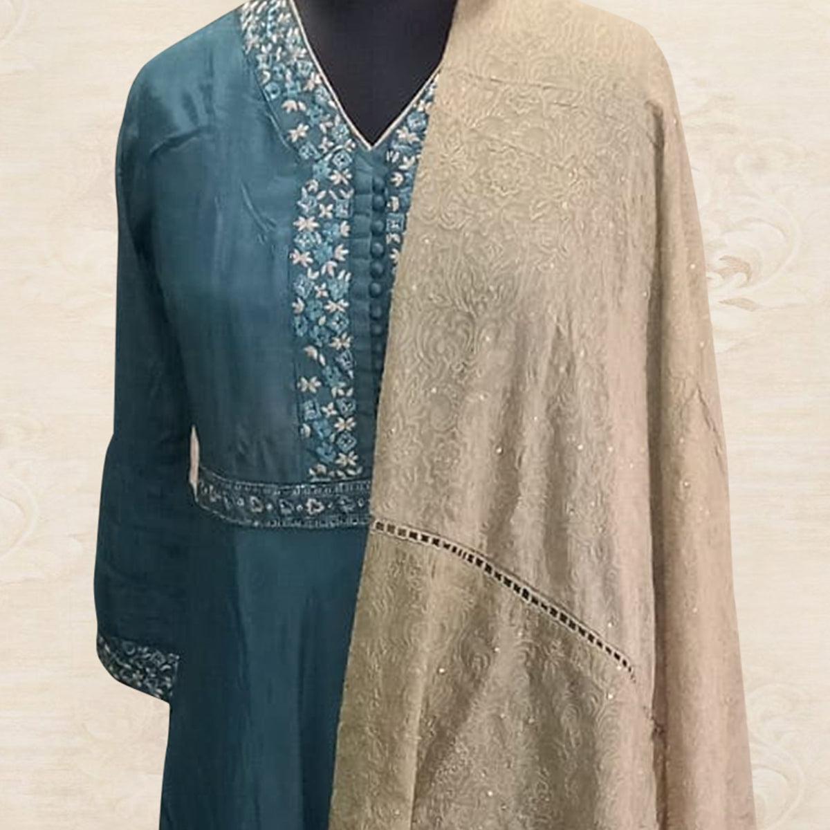 Classy Teal Blue Colored Partywear Embroidered Tapetta Silk Kurti With Dupatta