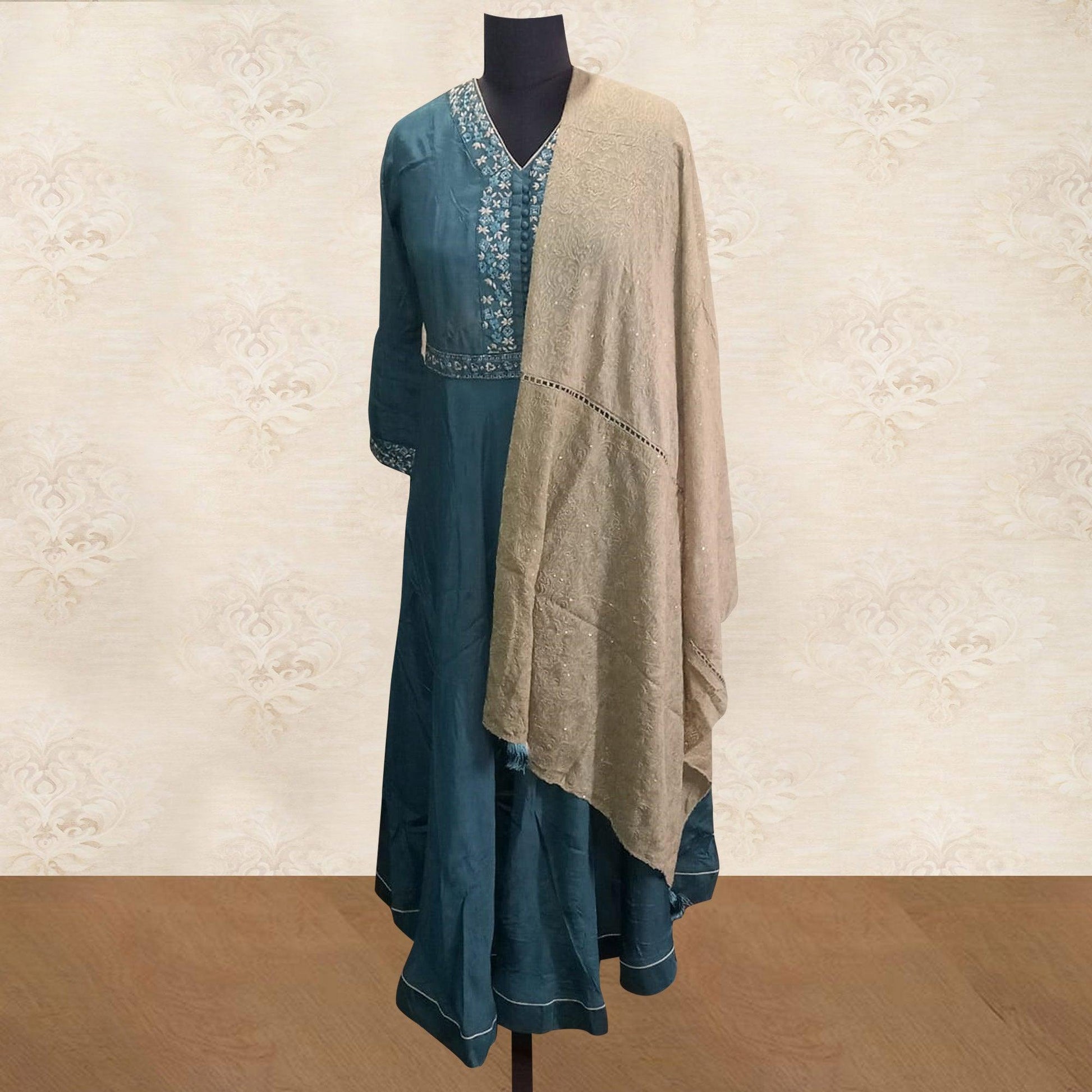 Classy Teal Blue Colored Partywear Embroidered Tapetta Silk Kurti With Dupatta