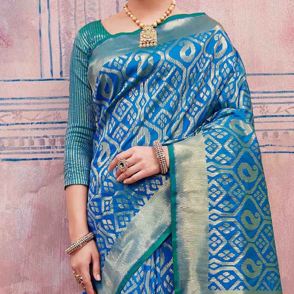 Classy Turquoise Blue Colored Festive Wear Silk Saree